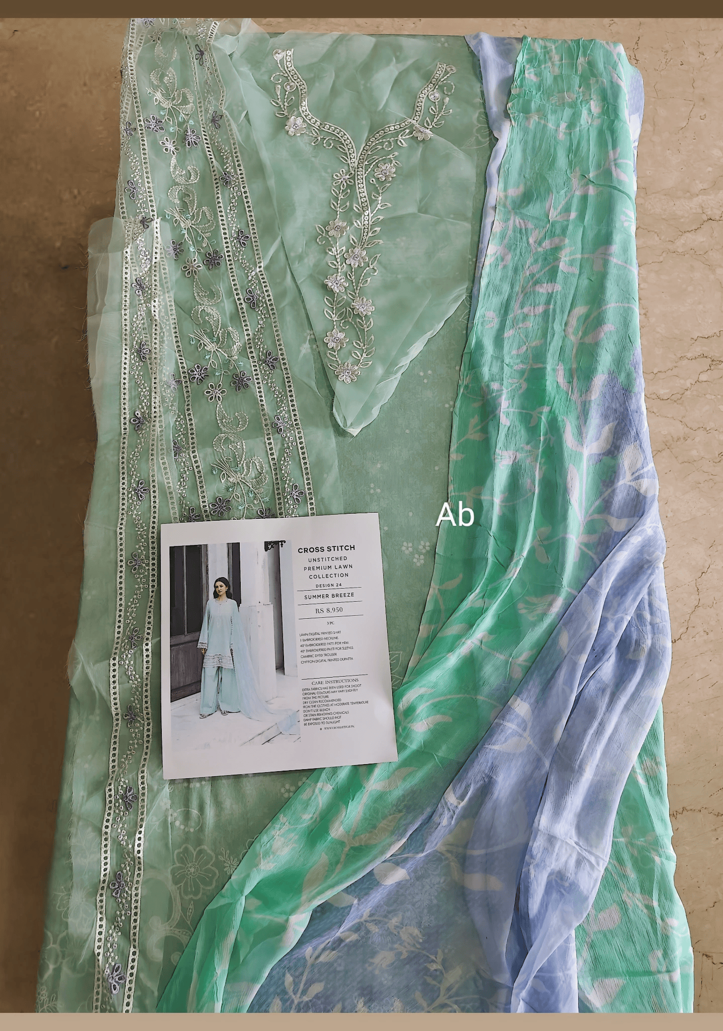 Sale‼️Open Pic/Cross Stitch Premium Lawn 26/Summer Breeze/Green/Chiffon Dupatta