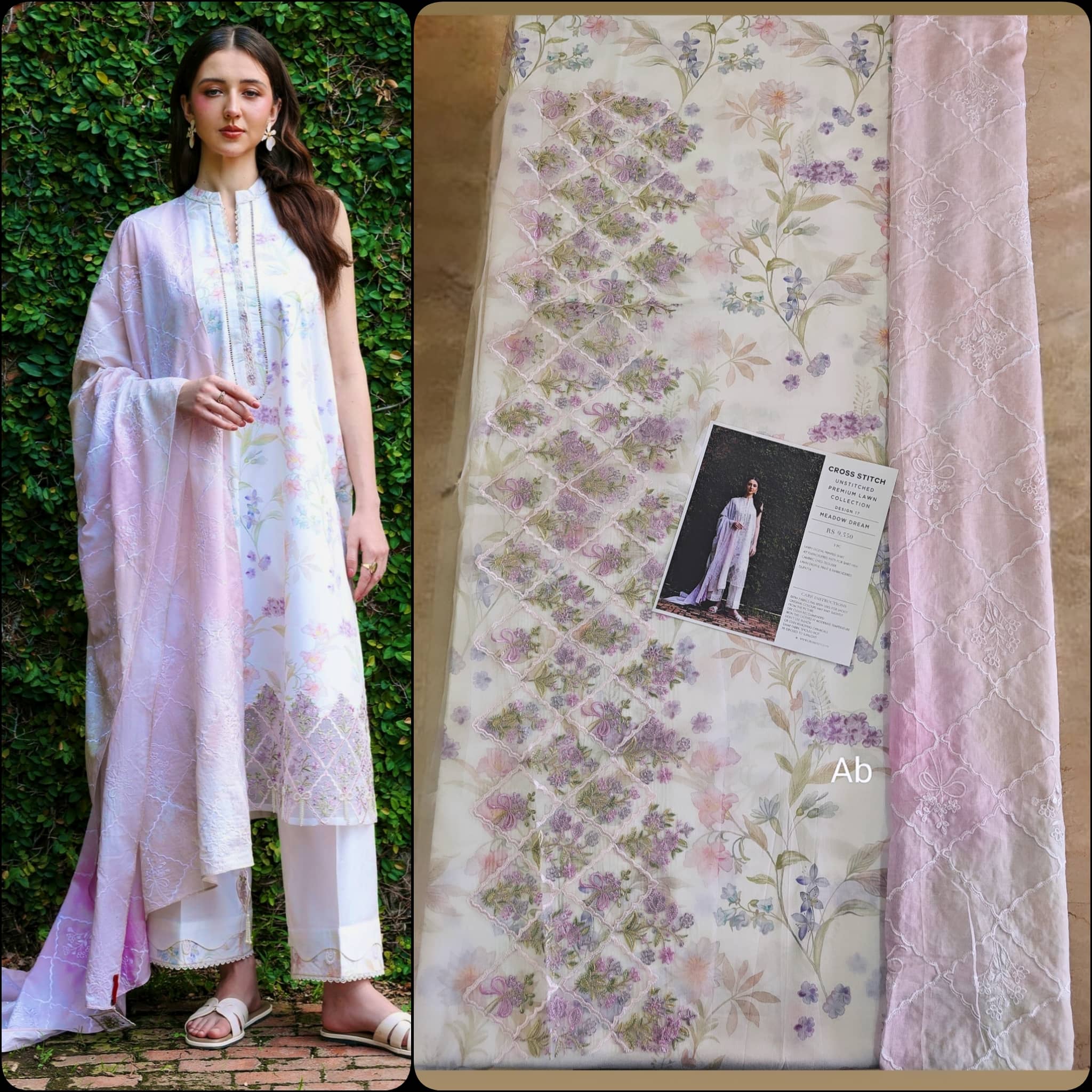 Sale‼️Open Pic/Cross Stitch Premium Lawn 26/Meadow Dream/White