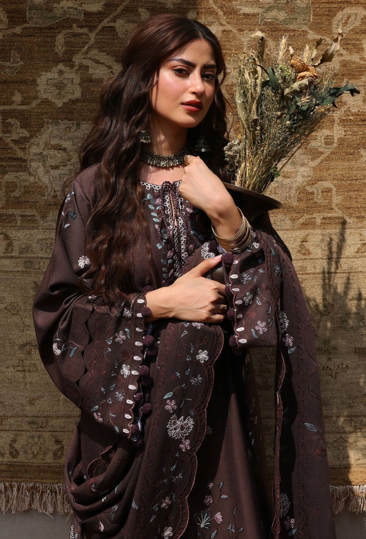 Cross Stitch Winter 26/DEEP WALNUT-3PC MARINA EMBROIDERED SUIT/Brown