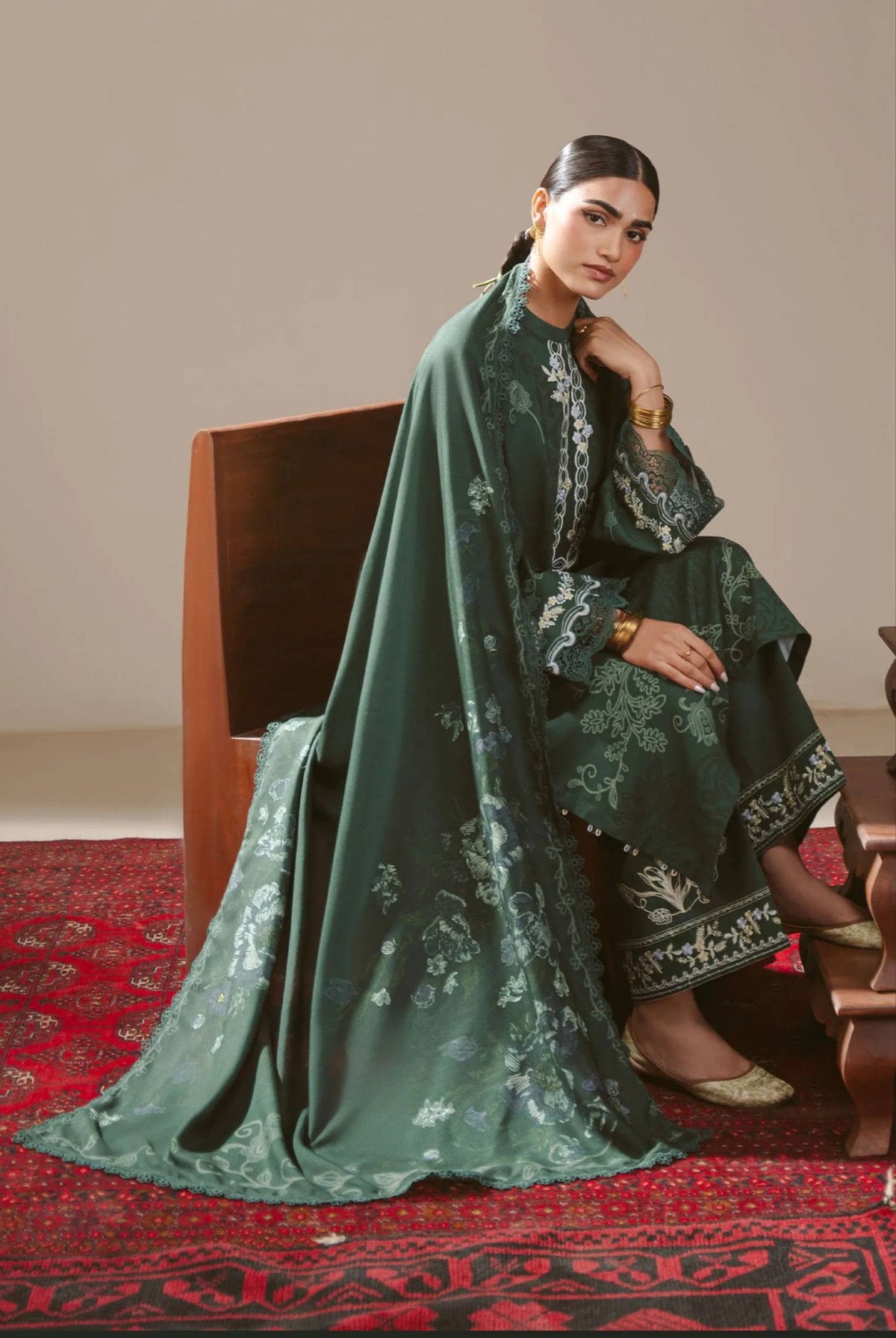 Cross Stitch Winter 26/MEADOW GREEN-3PC LINEN PRINTED SUIT/Green