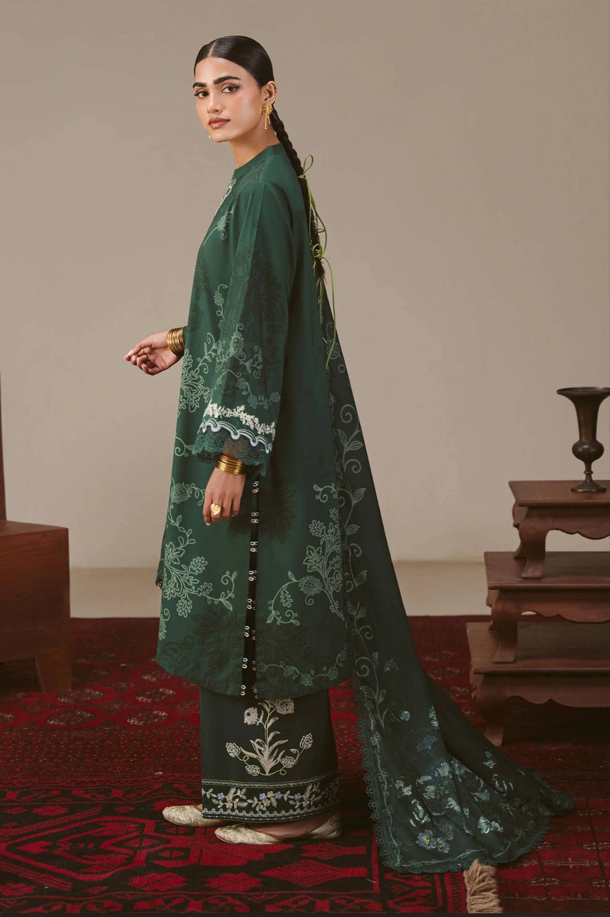 Cross Stitch Winter 26/MEADOW GREEN-3PC LINEN PRINTED SUIT/Green
