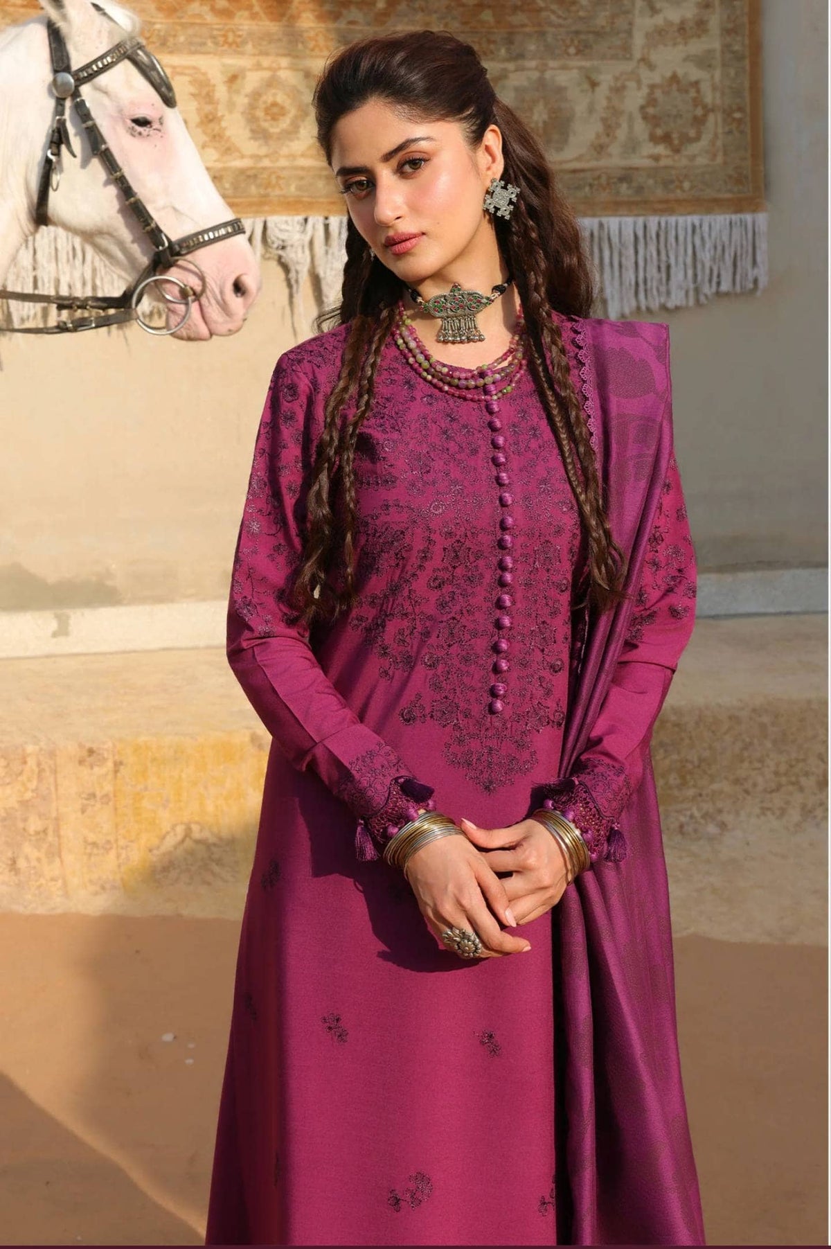 Cross Stitch Winter 26/VELVET FUCHSIA-3PC LINEN EMBROIDERED SUIT