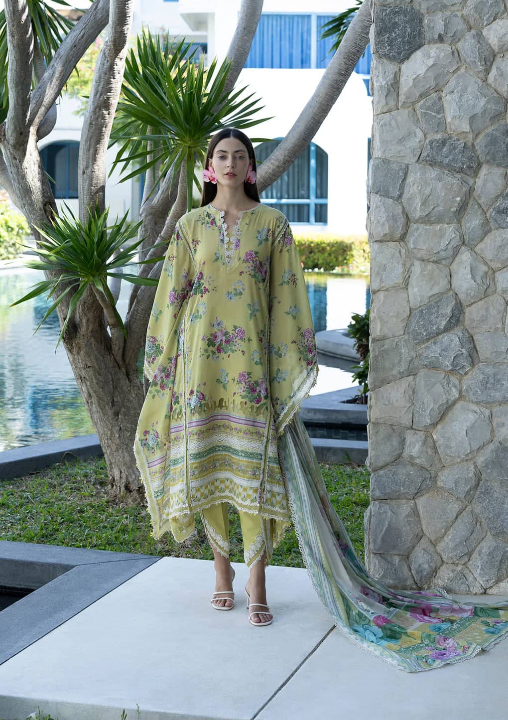 Elaf Santorini Prints Voil Dupatta/EPN-4A AVOCADO