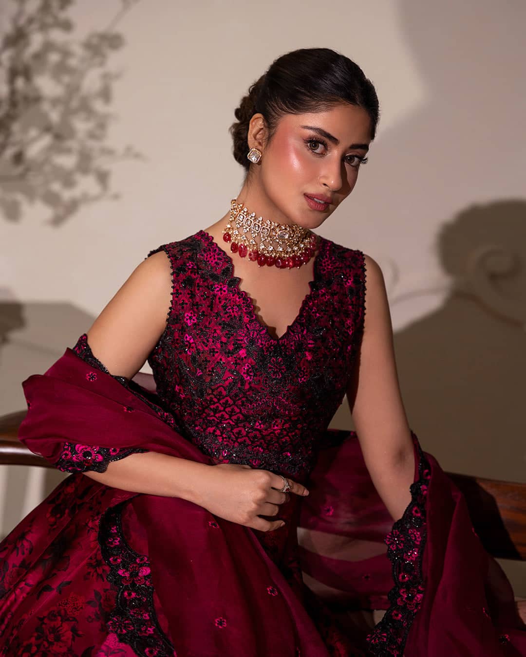 Faiza Saqlain Chiffon Pakistani Suit Faiza Saqlain Rua Wedding Formals/Dark Magenta Pink/Havin