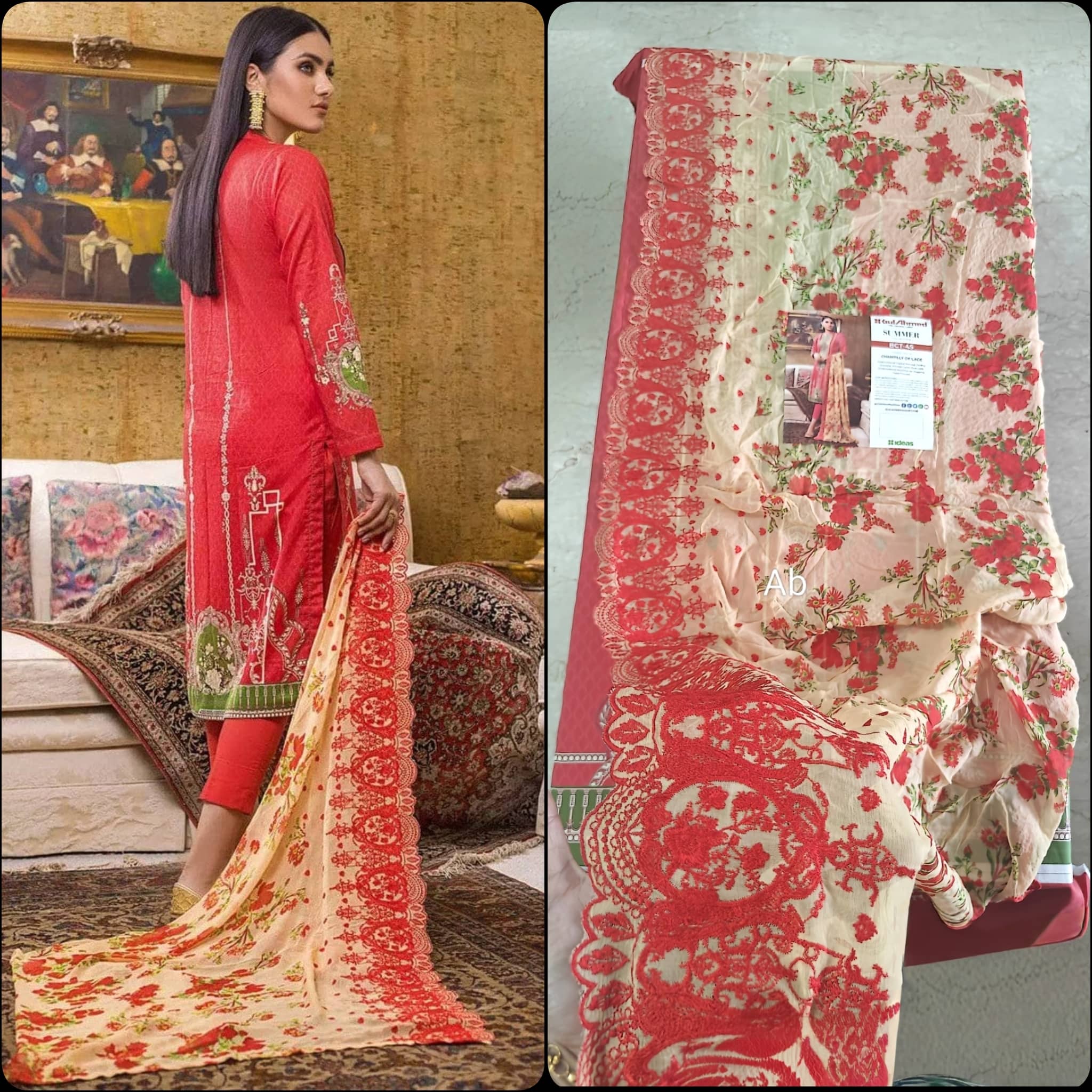 Open Pic/Sale‼️Gul Ahmed Luxury/BCT 45/Embroidered Chantelle Lace Dupatta