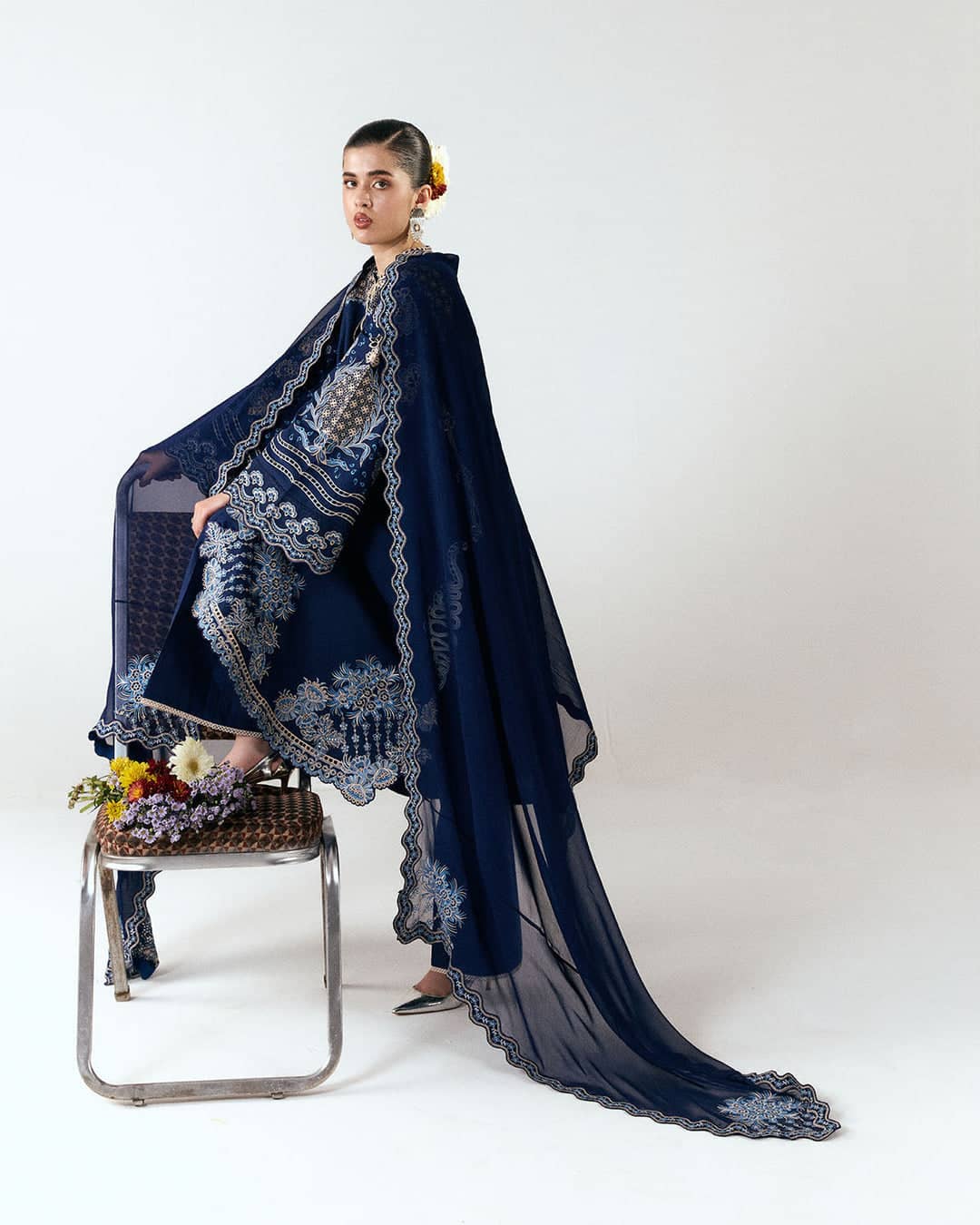 Hot🔥Seller/Jugnu Lahore Lawn/Vol 3/Tiva/Dark Blue/Embroideried Chiffon Dupatta