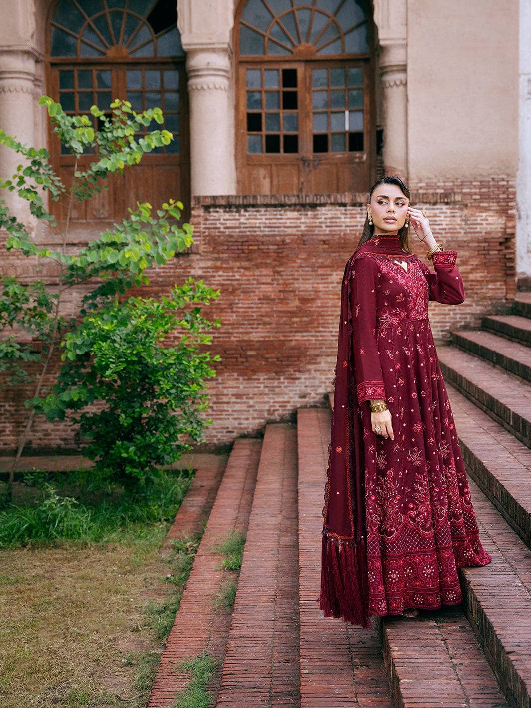 Mahnur Amelia Luxury Winter 26/Wool Shawl/Corduroy/Deep Crimson/AM 11