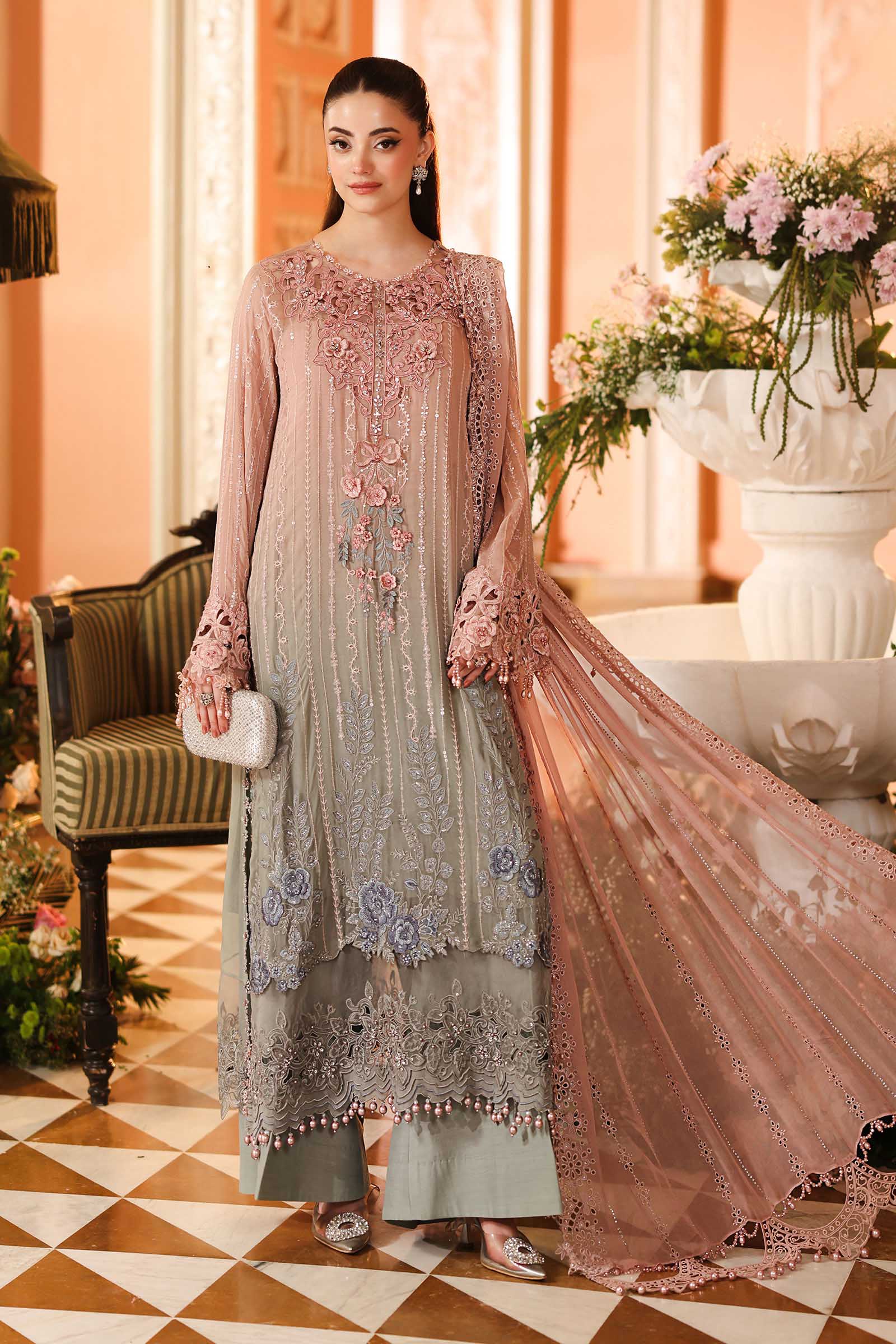 Hot🔥Seller/Maria B Chiffon/ Royal Tea Affair/02/Ombre Blossom/Pink & Blossom