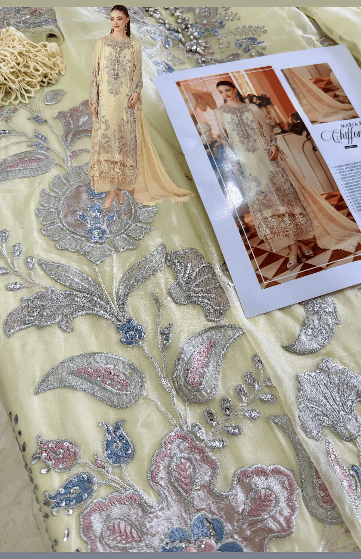 Sale‼️Open Pic/Maria B Chiffon/ Royal Tea Affair/08/Pastel Sunshine/Lime Yellow