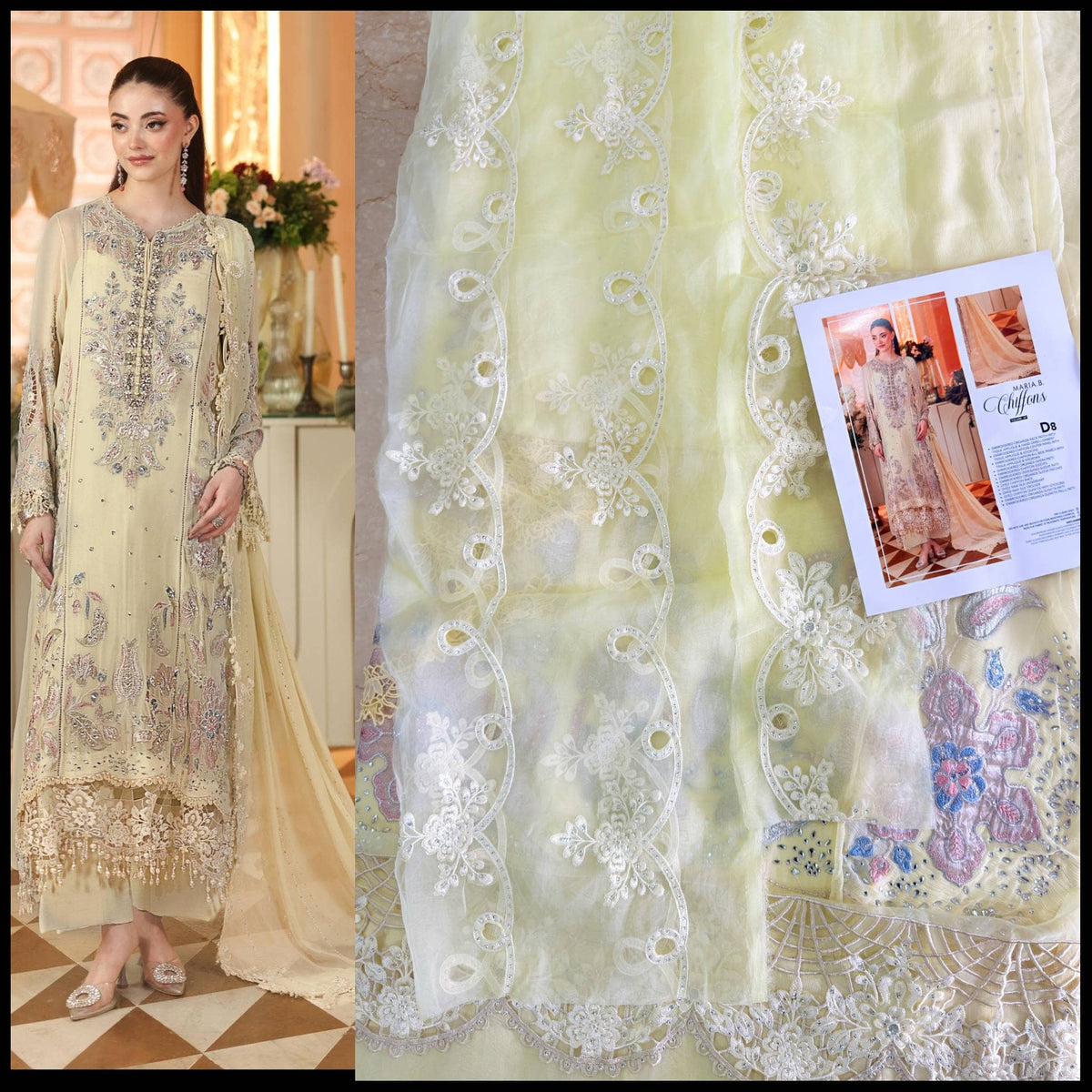 Sale‼️Open Pic/Maria B Chiffon/ Royal Tea Affair/08/Pastel Sunshine/Lime Yellow