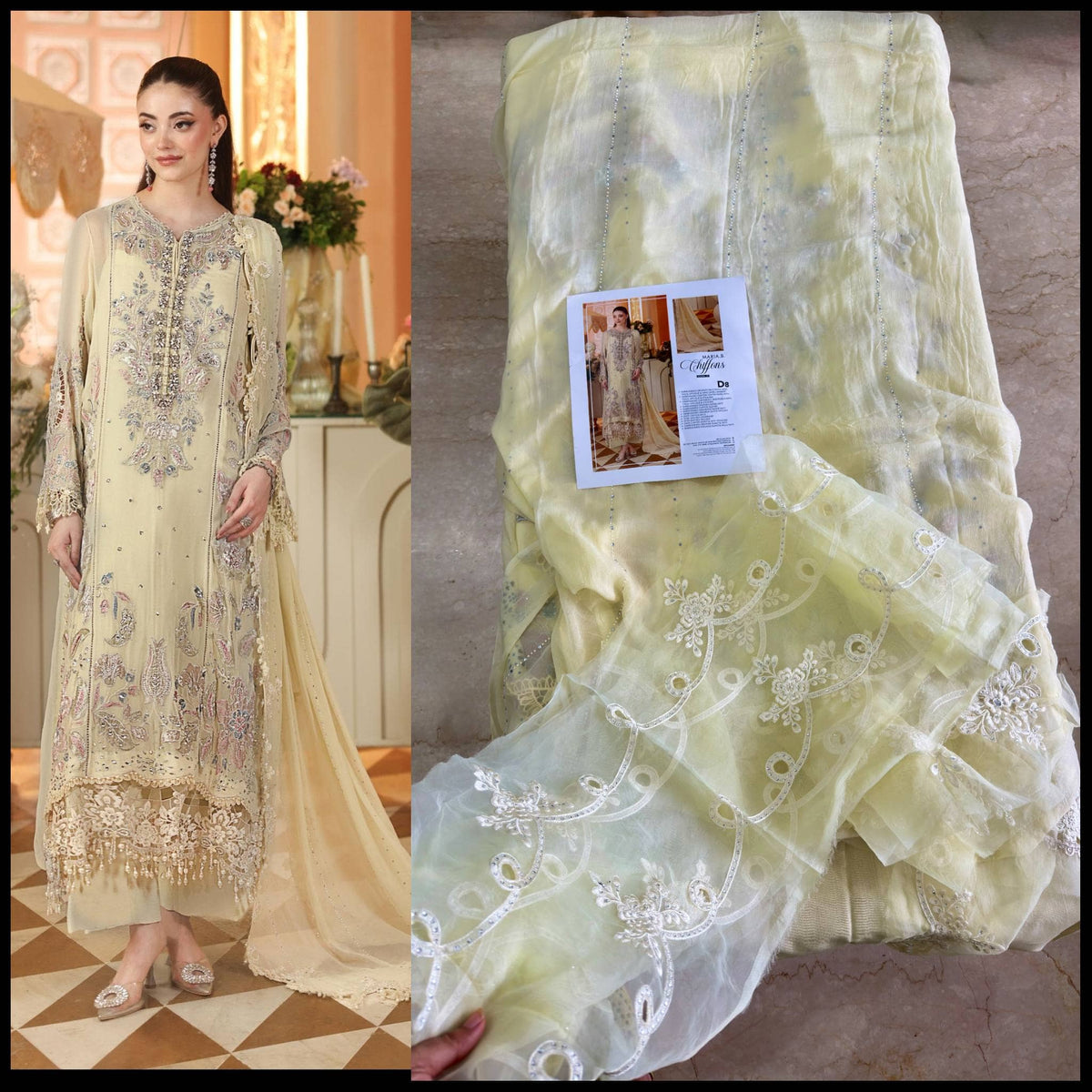 Sale‼️Open Pic/Maria B Chiffon/ Royal Tea Affair/08/Pastel Sunshine/Lime Yellow