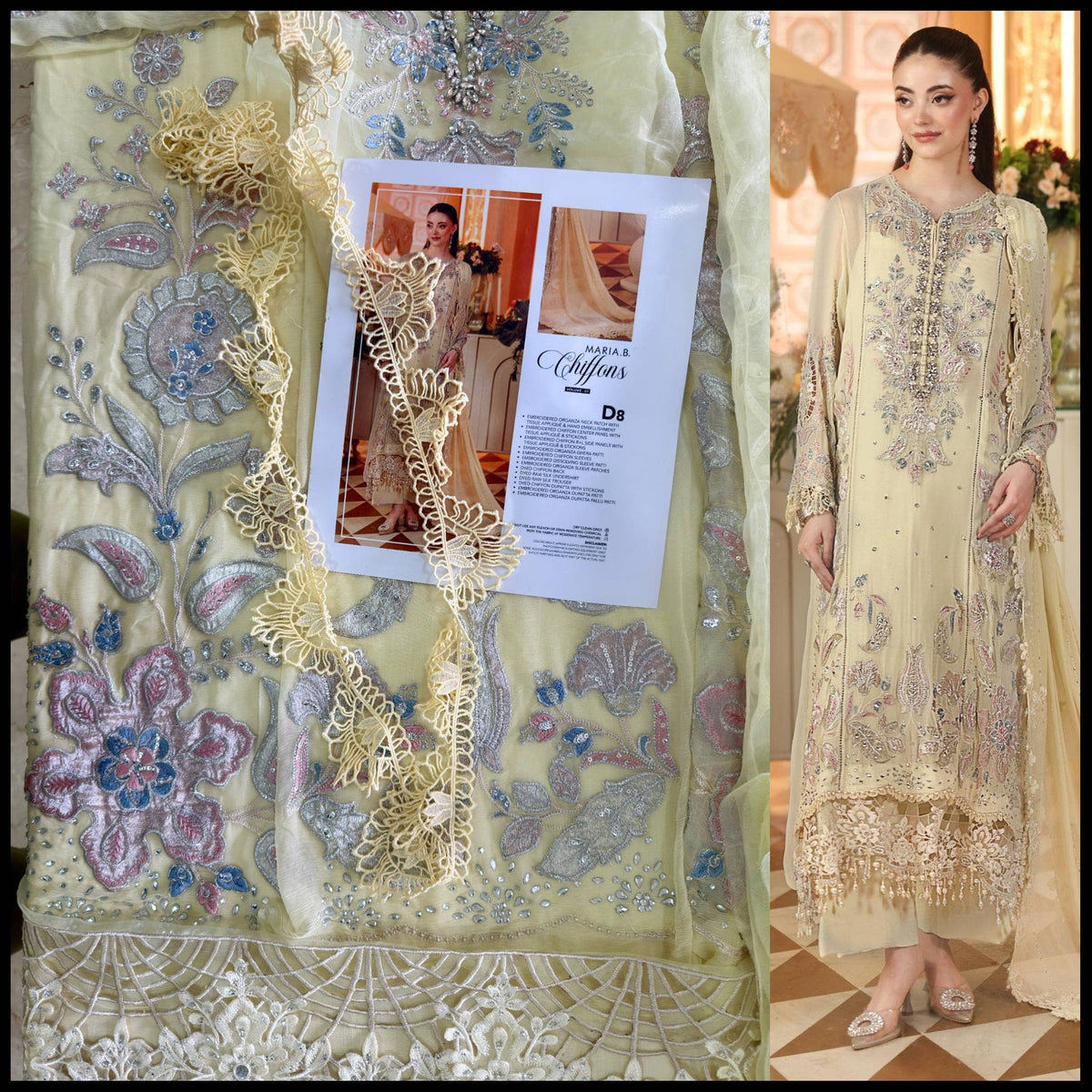 Sale‼️Open Pic/Maria B Chiffon/ Royal Tea Affair/08/Pastel Sunshine/Lime Yellow