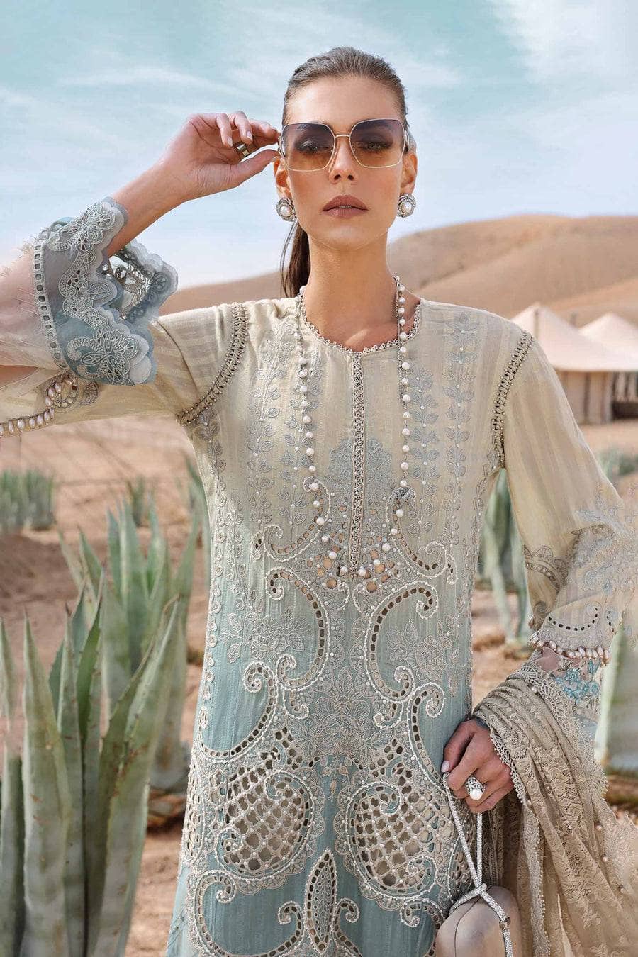 Maria B Lawn Pakistani Suit Restocked/Maria B Luxury Lawn 25/15B/Beige&Sea Green