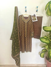 Maria B Lienn Winter Pakistani Suit Stitched/Maria B Linen/Large/Maria B Linen/DL-912-Brown