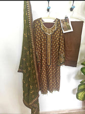 Maria B Lienn Winter Pakistani Suit Stitched/Maria B Linen/Large/Maria B Linen/DL-912-Brown