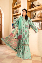 Woman wearing a light green embroidered traditional outfit in a room with wooden shelves.