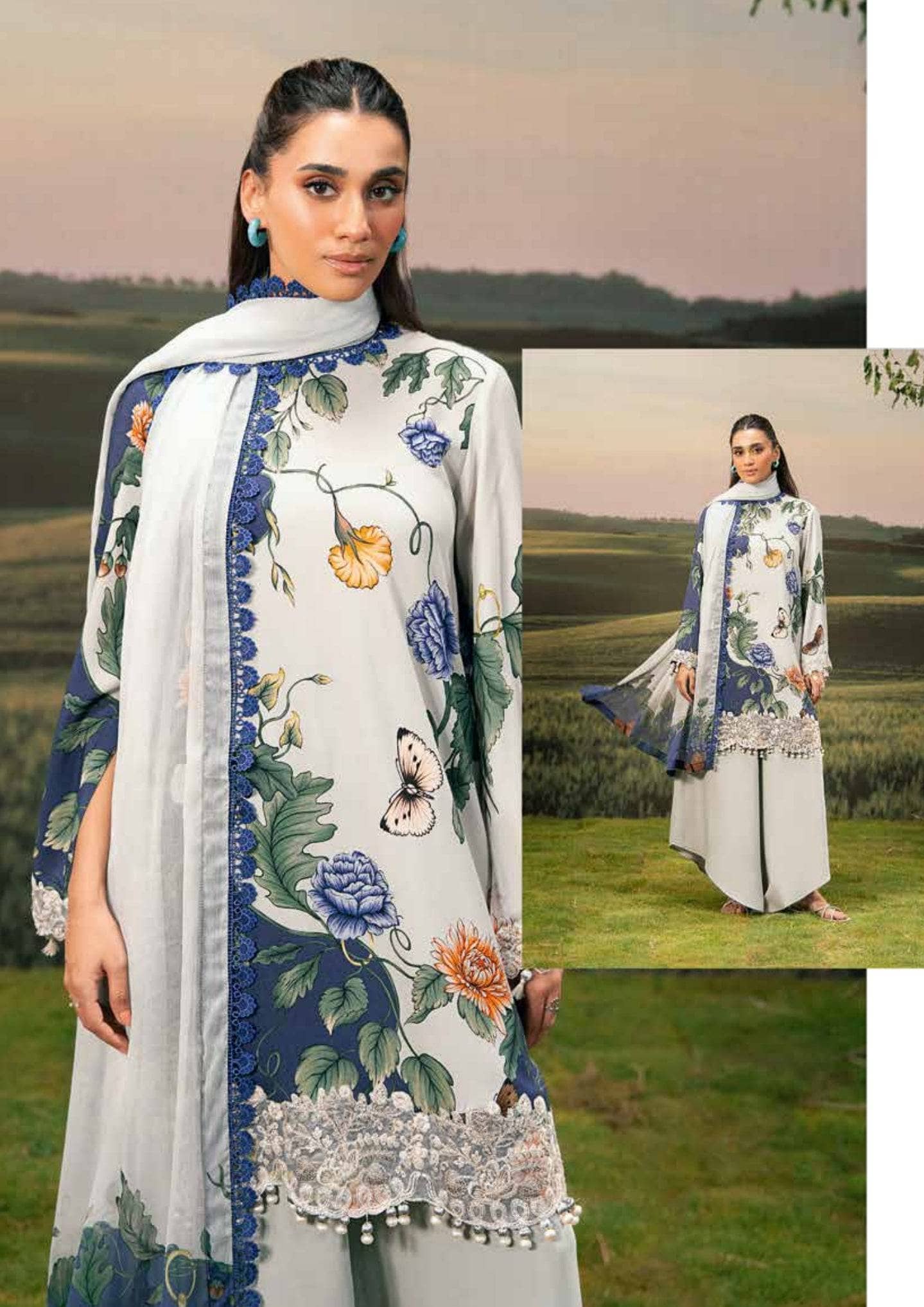 Maria B M Basics 25/Fall-Winter/Embroidered Arabic Lawn Suit | MB-PFUS25-07B/Grey & Blue