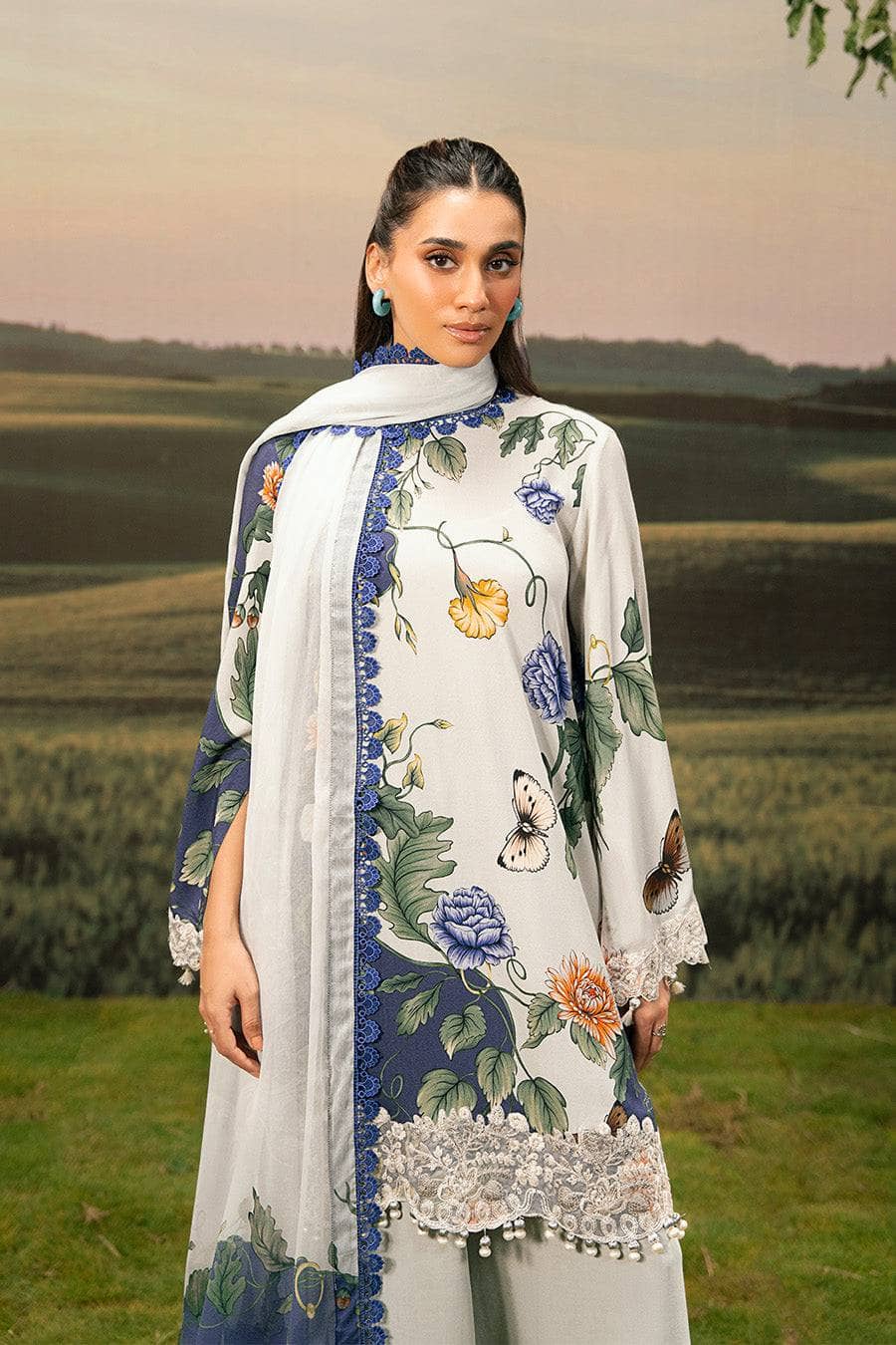 Maria B M Basics 25/Fall-Winter/Embroidered Arabic Lawn Suit | MB-PFUS25-07B/Grey & Blue