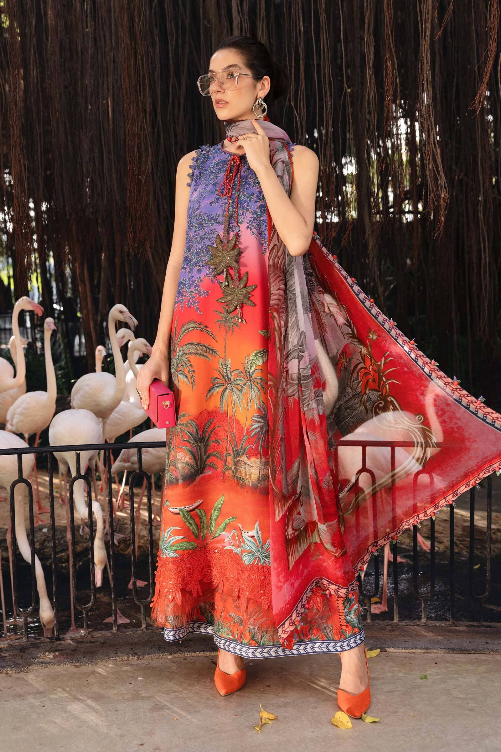Maria B M Prints 26/Safari Scape/7 B/Red/Chiffon Dupatta