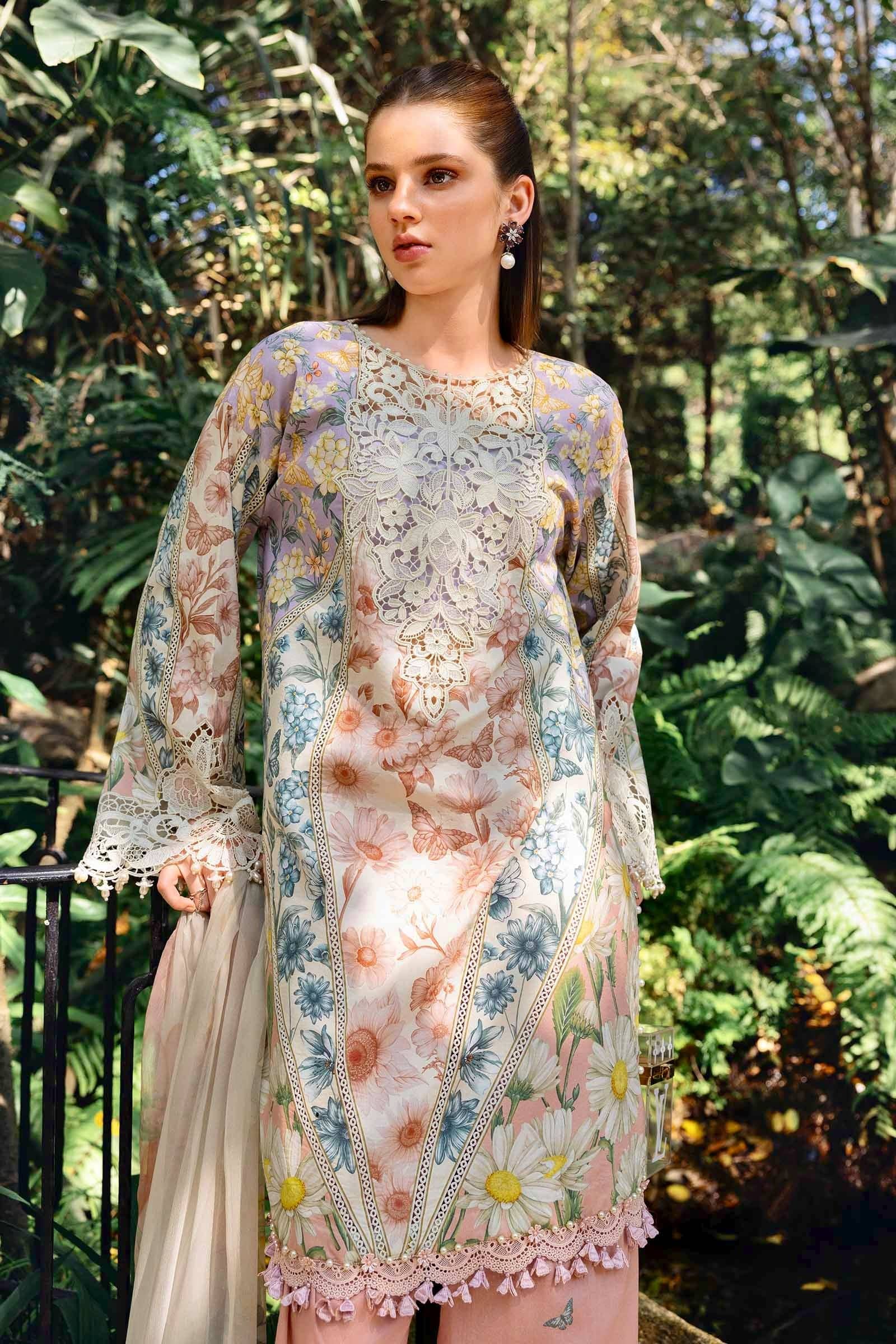 Open Pic/Maria B M Prints 26/Safari Scape/10 B/White&Peach/Chiffon Dupatta