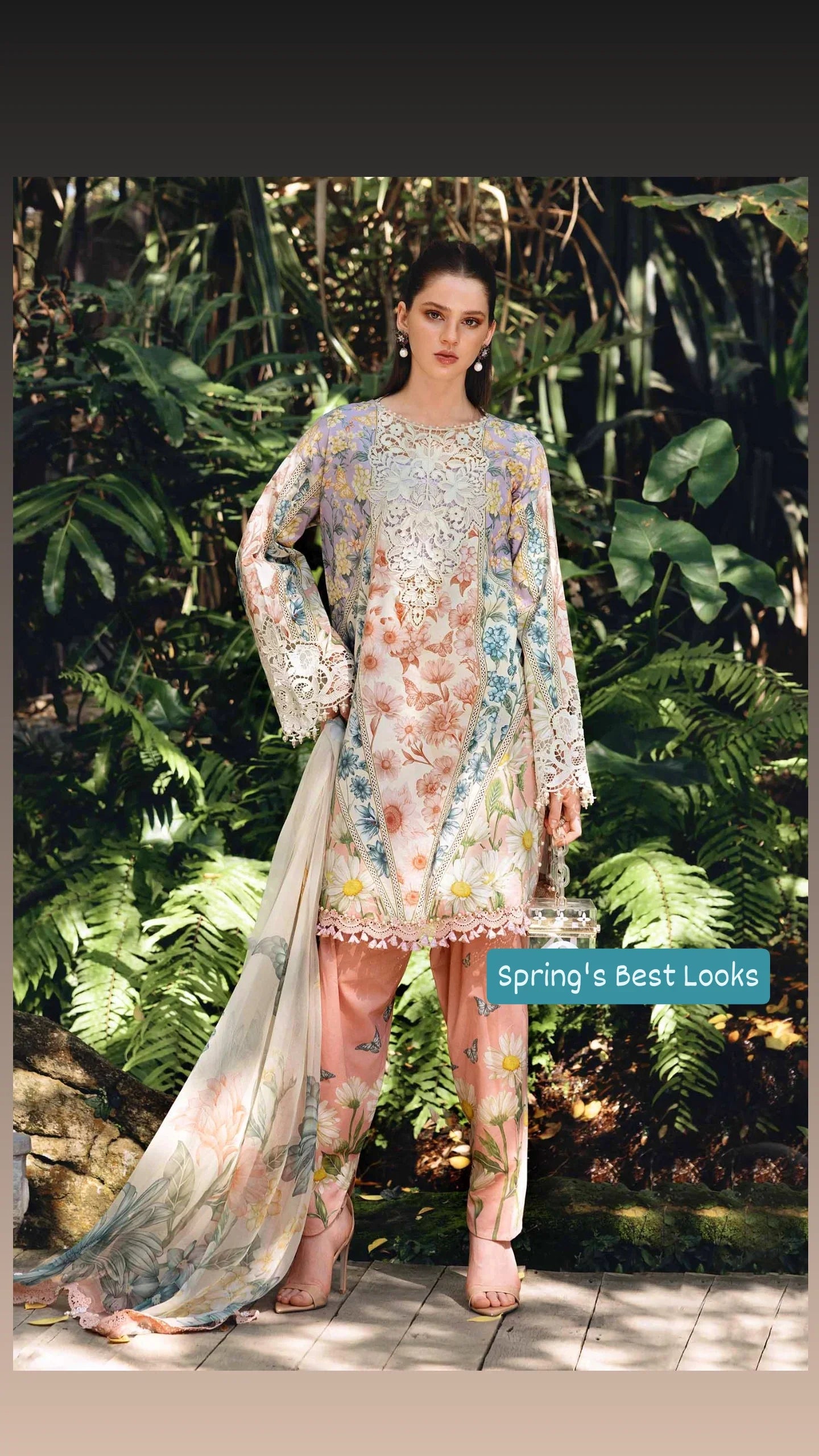 Open Pic/Maria B M Prints 26/Safari Scape/10 B/White&Peach/Chiffon Dupatta