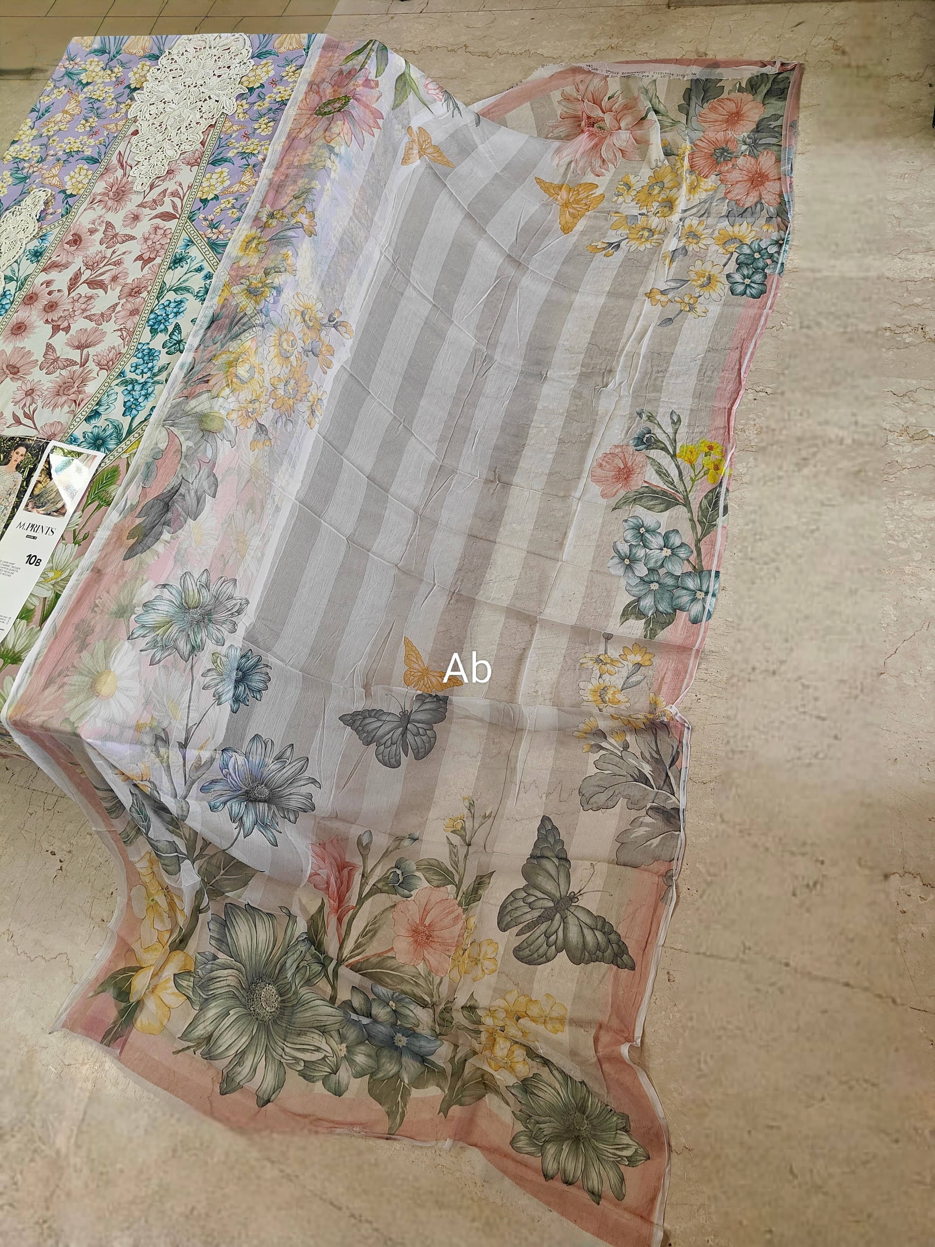 Open Pic/Maria B M Prints 26/Safari Scape/10 B/White&Peach/Chiffon Dupatta