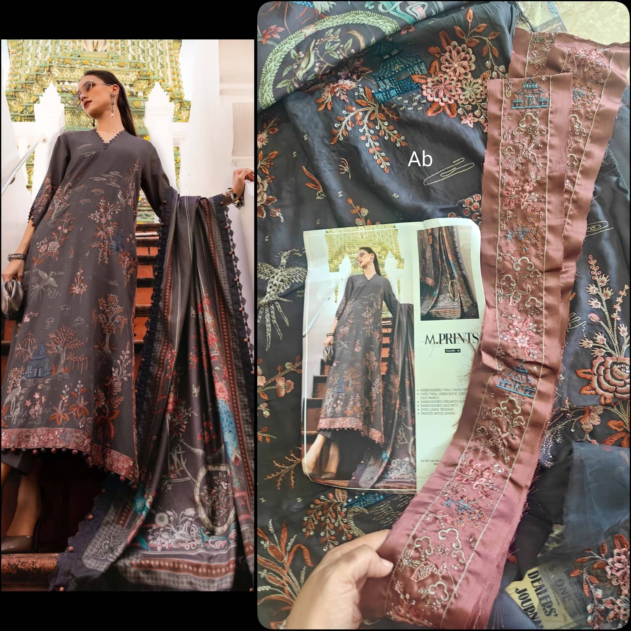 Maria B M Prints Winter Collection Maria B M Prints 25/Vol 2/1B/Winter Edit/Grey/Twill Linen/Wool Shawl