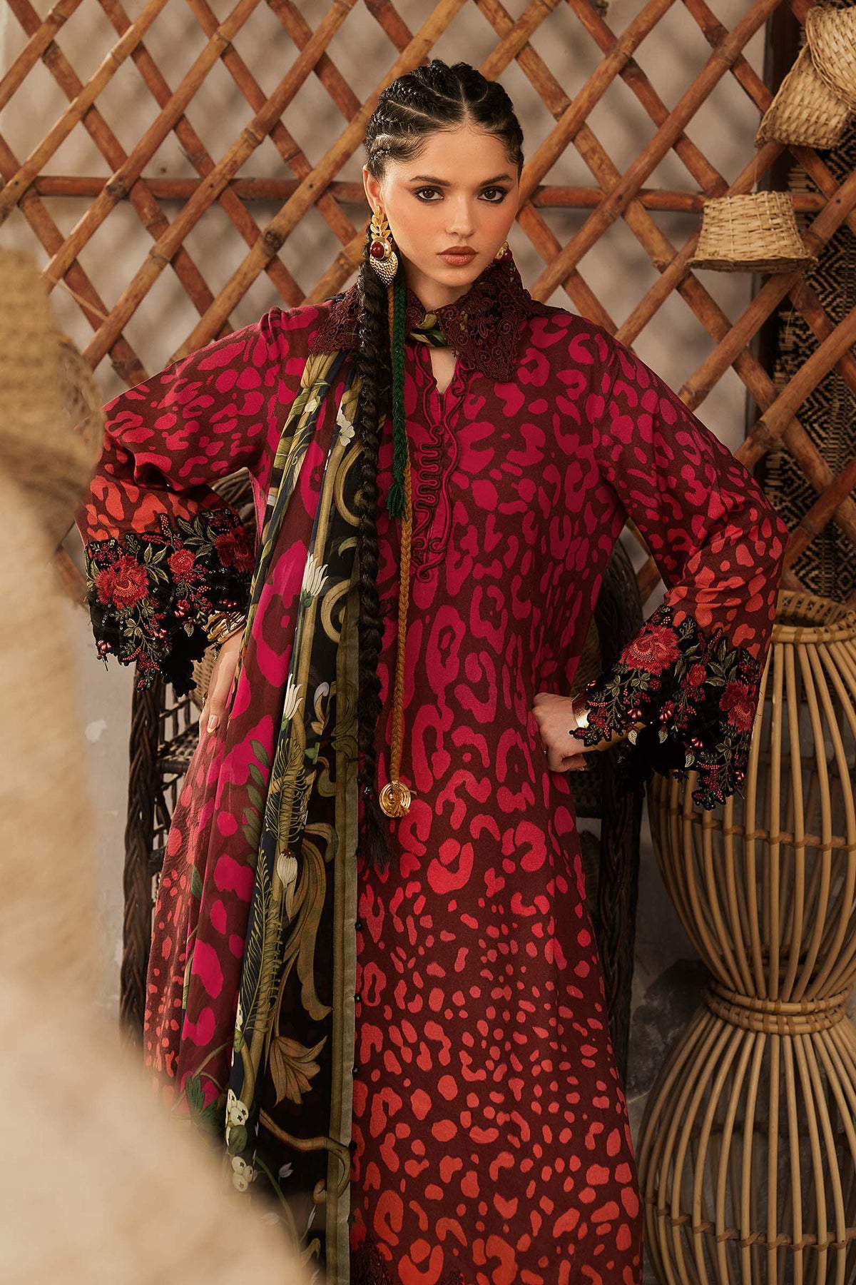 Maria B M Prints/Fall Edit 26/1 A/Linen Suit/Maroon/Silk Dupatta