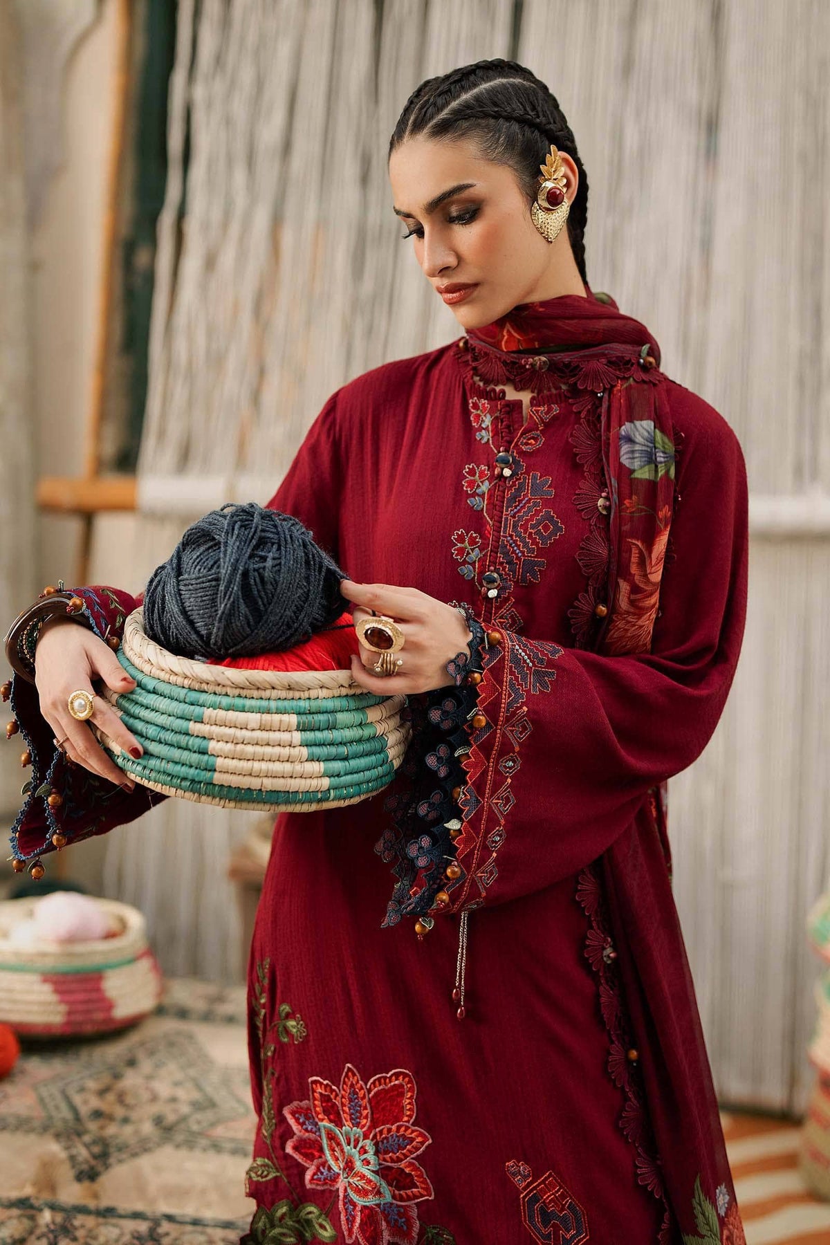 Maria B M Prints/Fall Edit 26/10 A/Dobby Linen Suit/Maroon