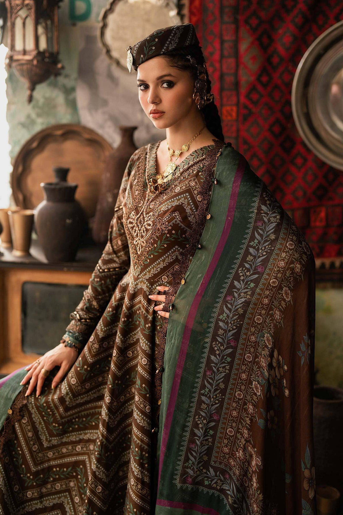 Maria B M Prints/Fall Edit 26/7 B/Cambric/Brown/Silk Dupatta