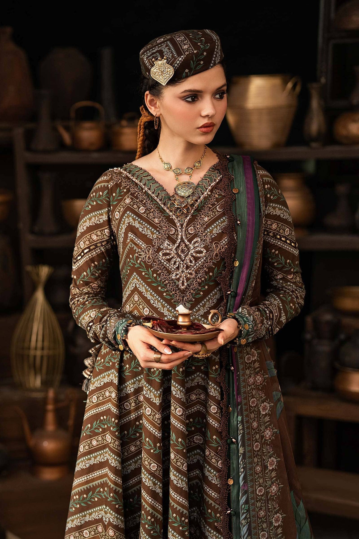 Maria B M Prints/Fall Edit 26/7 B/Cambric/Brown/Silk Dupatta