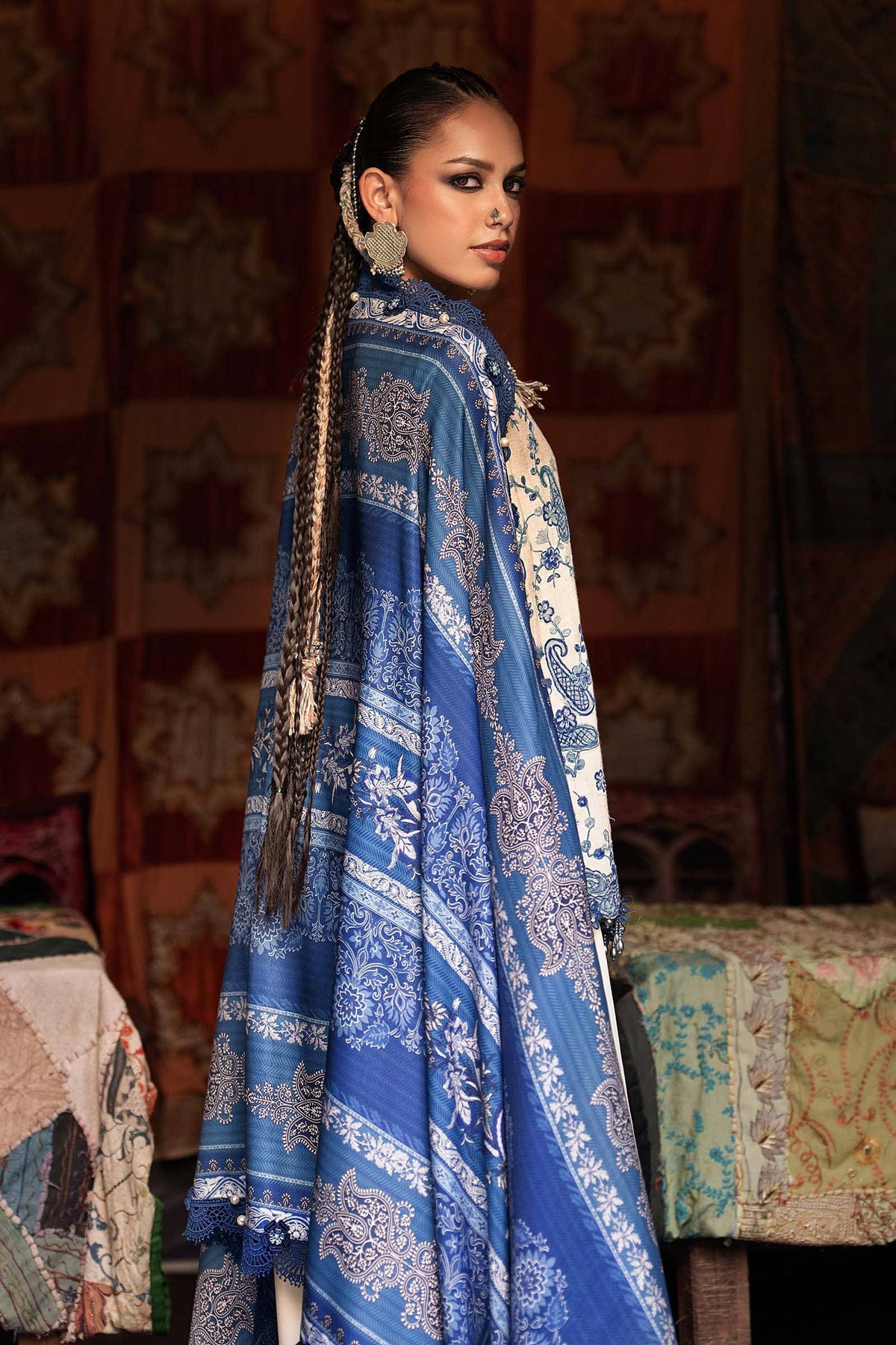 Maria B M Prints/Fall Edit 26/8 A/Irish Linen Suit/White&Blue/Shawl