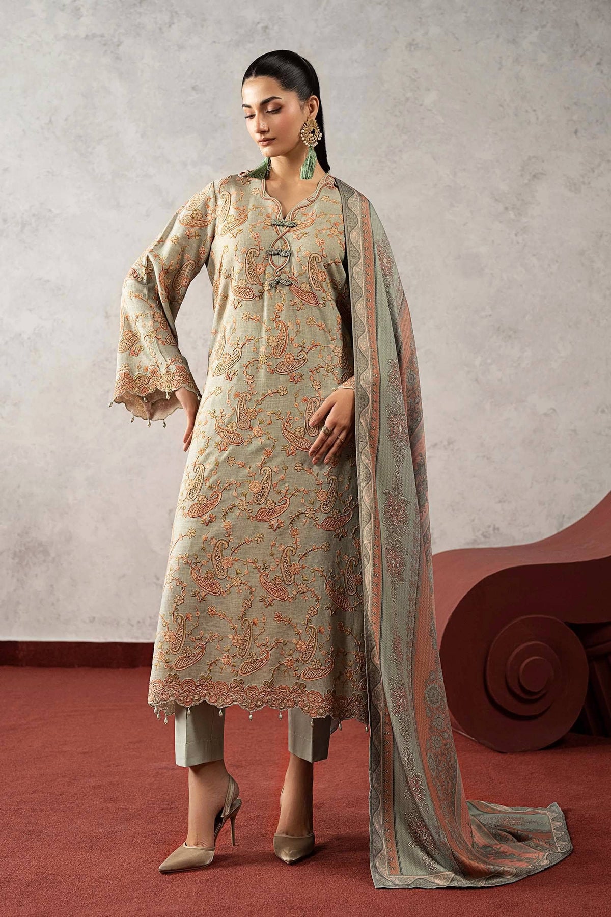 Maria B M Prints/Fall Edit 26/8 B/Irish Linen Suit/Sea Green/Shawl