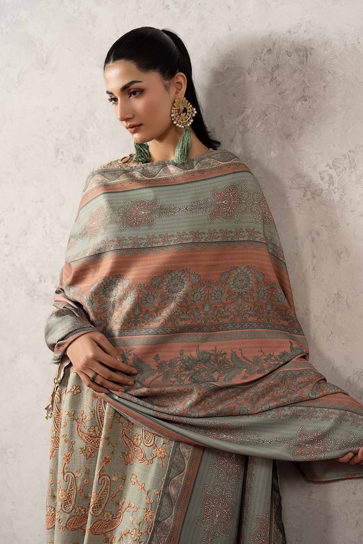 Maria B M Prints/Fall Edit 26/8 B/Irish Linen Suit/Sea Green/Shawl