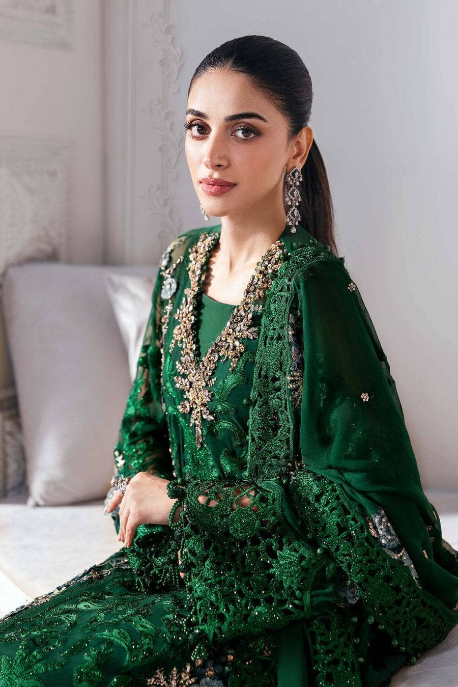 Maria B Mbroidered 25/Crystal Embedded/Emerald Green