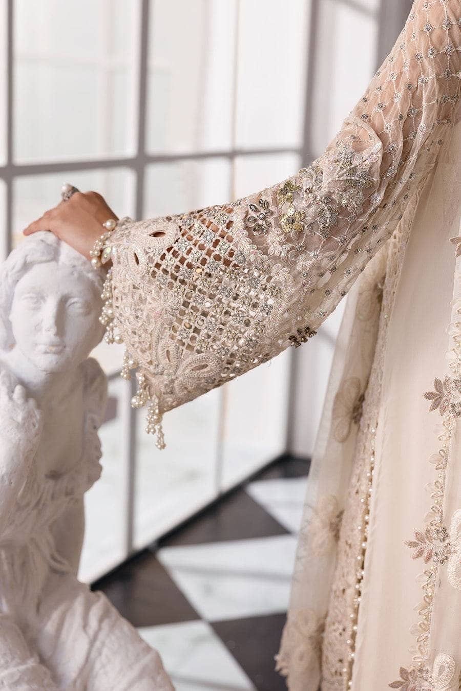 Restocked/Maria B Mbroidered 25/D 7/Off White/Crystal Embedded/