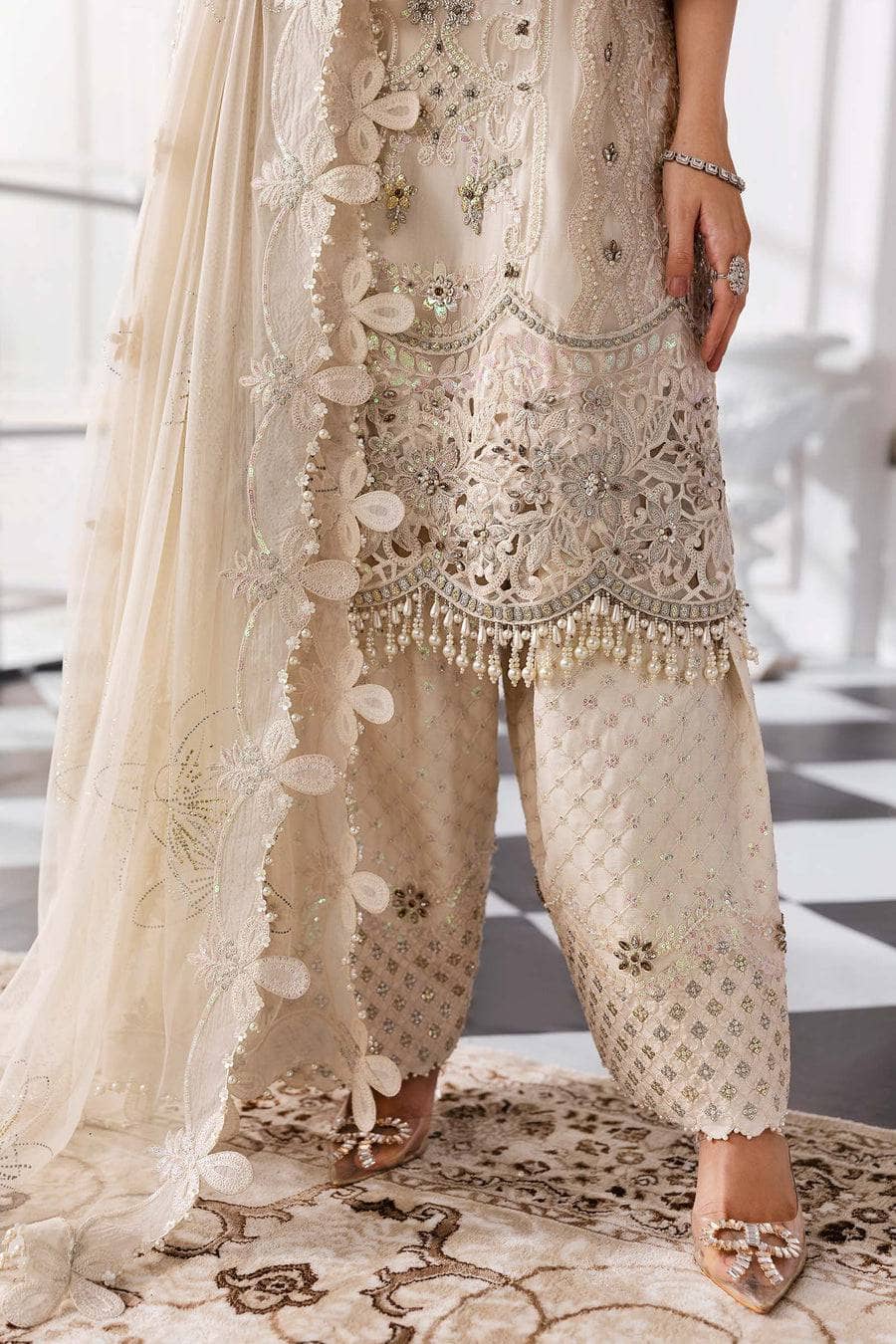 Restocked/Maria B Mbroidered 25/D 7/Off White/Crystal Embedded/