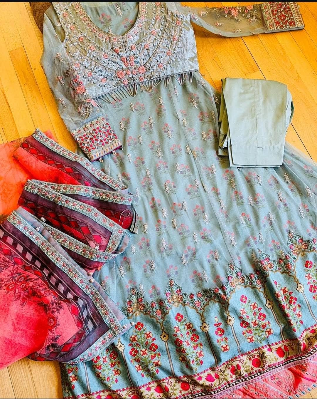 Stitched Look of Unstitched Maria B Sateen/CST-201-AZURE BLUE AND CANDY Size - XL L M S