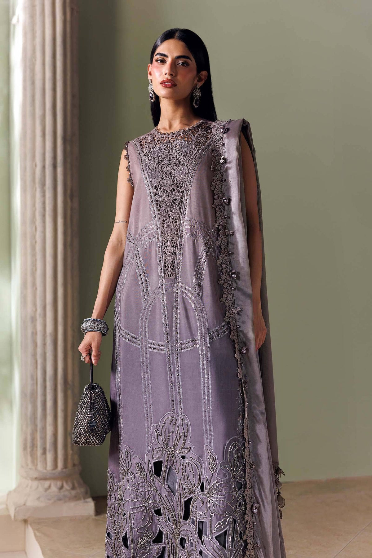 Maria B Soiree Luxury Formals 26/Embroidered Bell Raw Silk Suit/Coffee &Grey