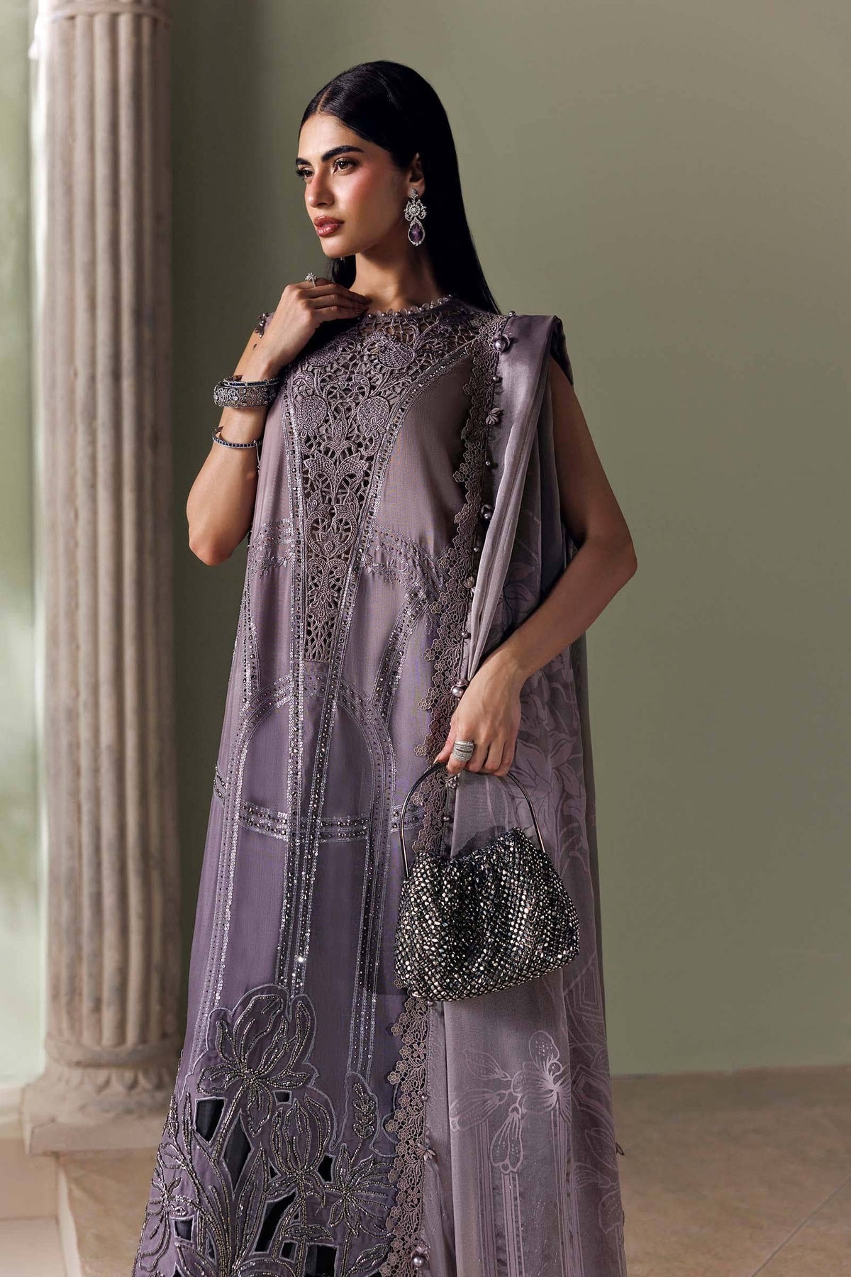 Maria B Soiree Luxury Formals 26/Embroidered Bell Raw Silk Suit/Coffee &Grey