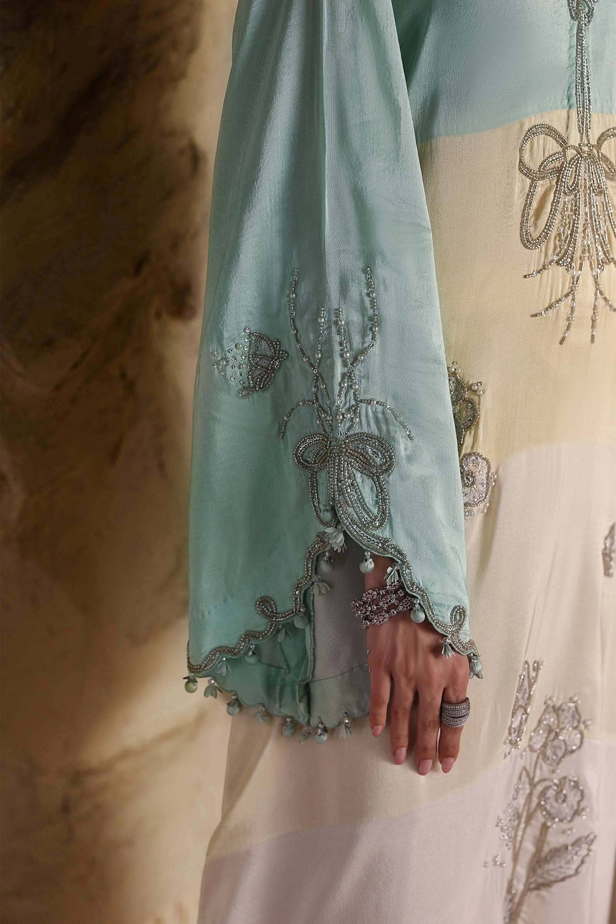Maria B Soiree Luxury Formals 26/Raw Silk Suit/Aqua & Off White-Crystal Mint