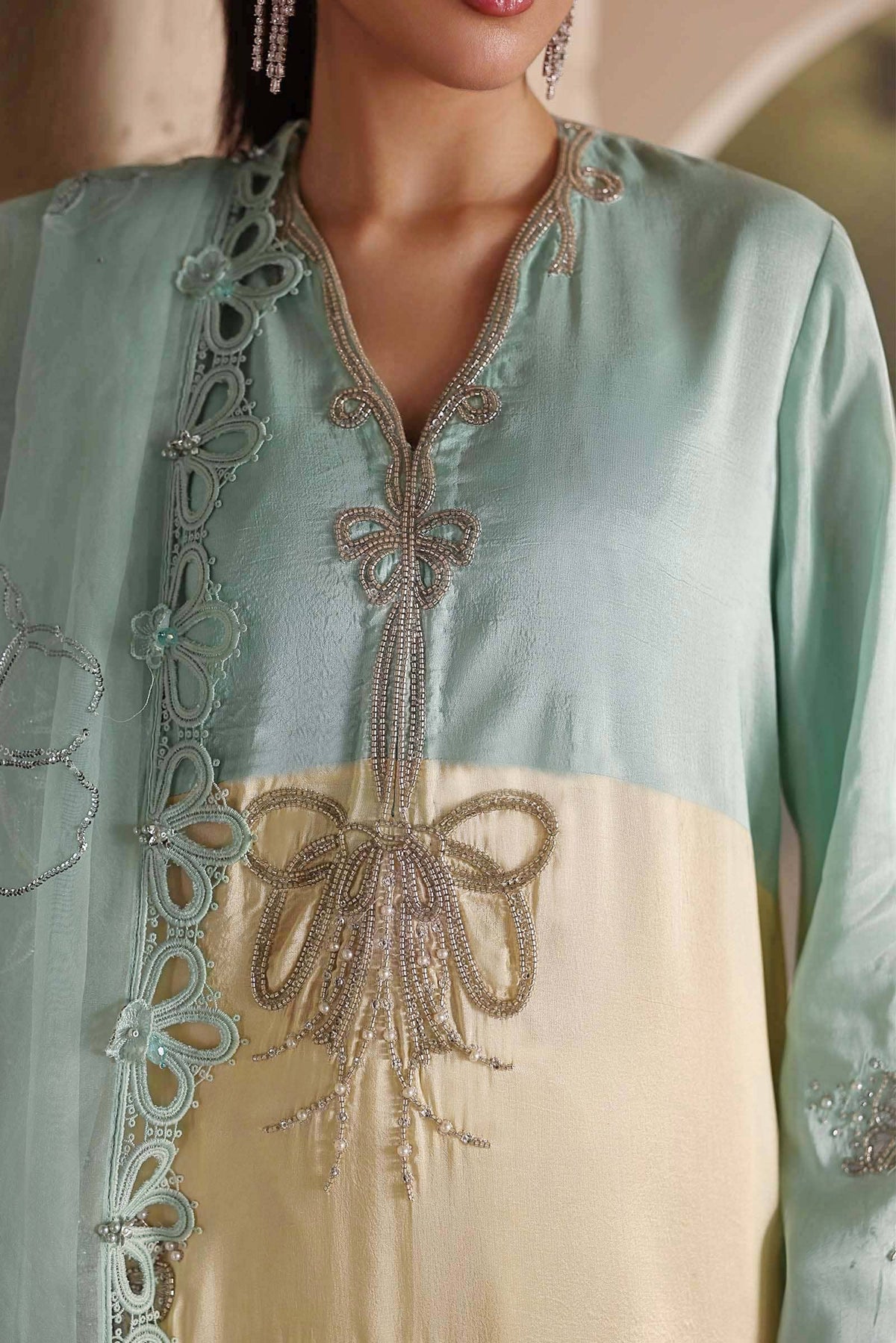Maria B Soiree Luxury Formals 26/Raw Silk Suit/Aqua & Off White-Crystal Mint