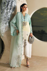 Maria B Soiree Luxury Formals 26/Raw Silk Suit/Aqua & Off White-Crystal Mint