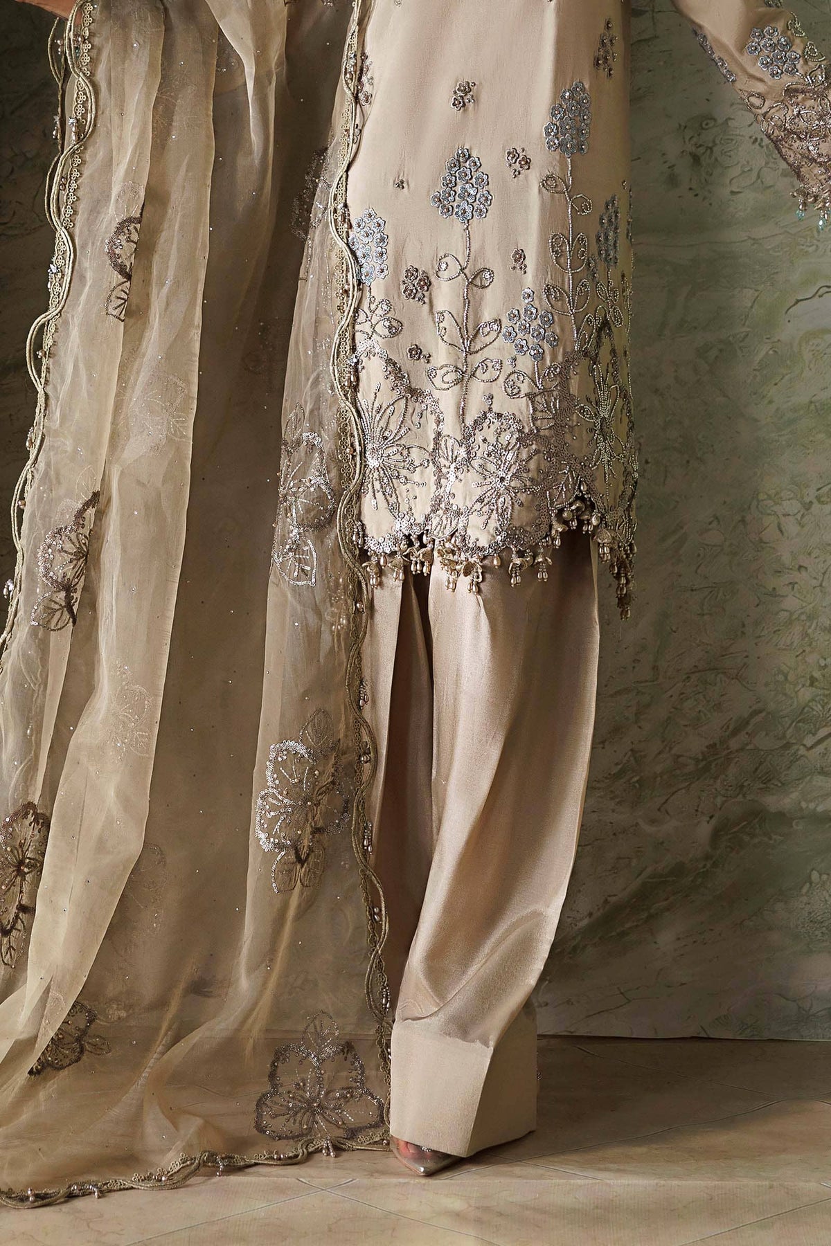 Maria B Soiree Luxury Formals 26/Tusser Silk Suit/Champagne Beige-Coffee