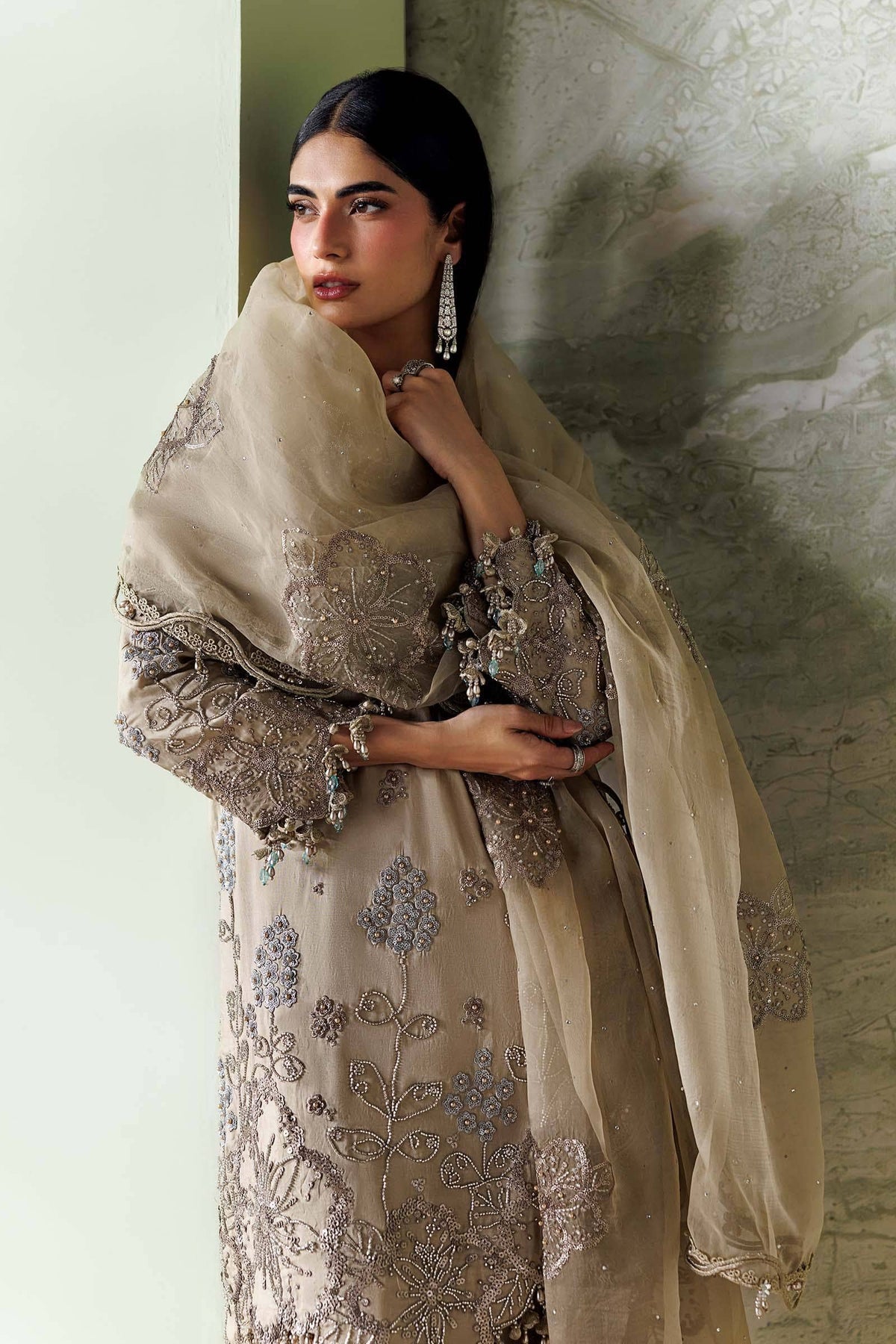 Maria B Soiree Luxury Formals 26/Tusser Silk Suit/Champagne Beige-Coffee