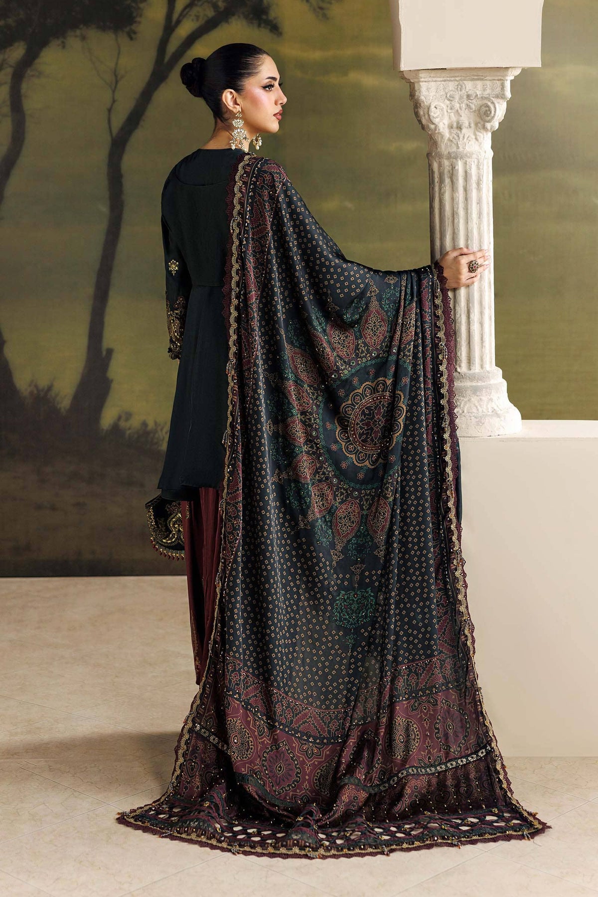Maria B Soiree Luxury Formals 26/Tusser Silk Suit/Dark Green-imperial Burgundy