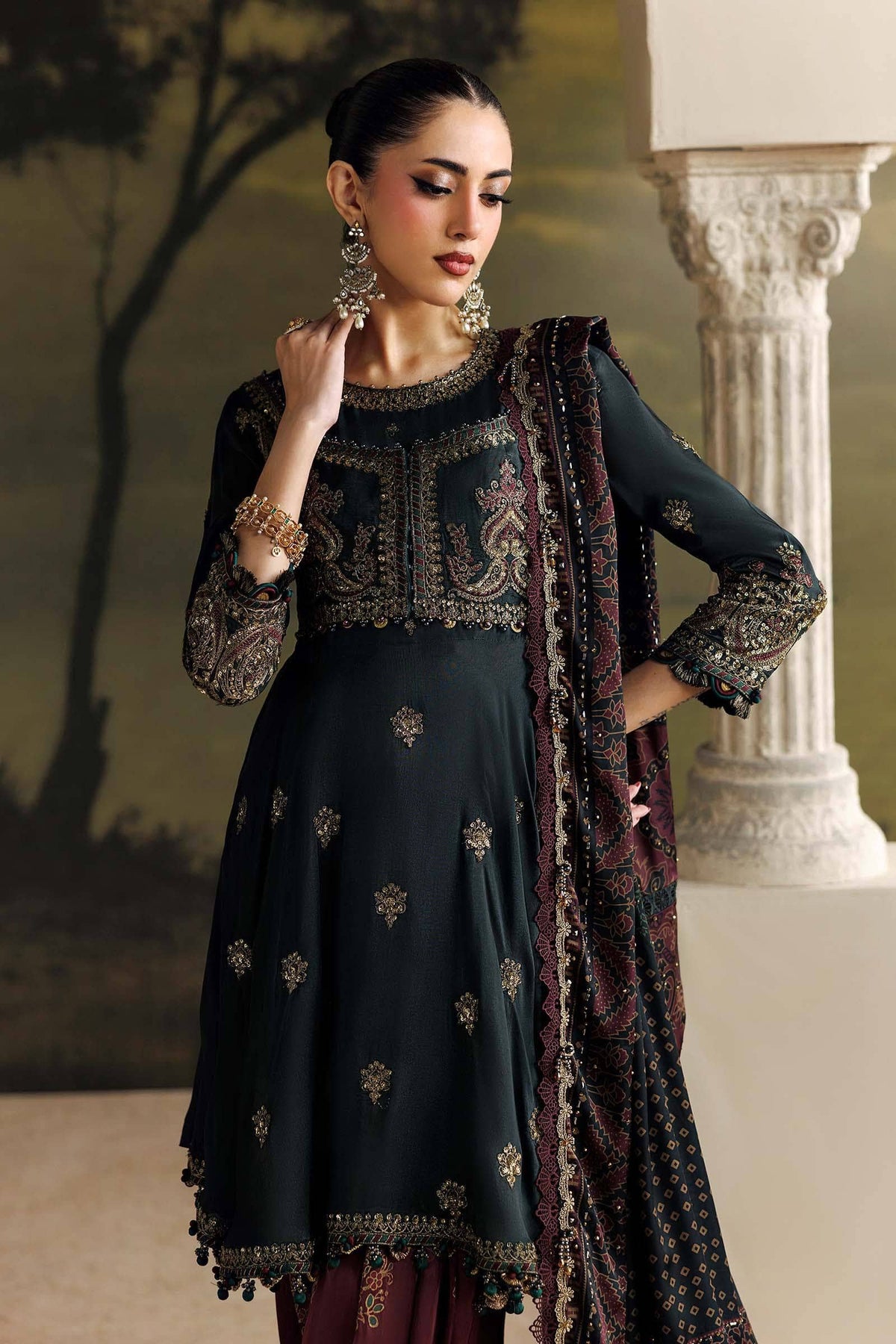 Maria B Soiree Luxury Formals 26/Tusser Silk Suit/Dark Green-imperial Burgundy