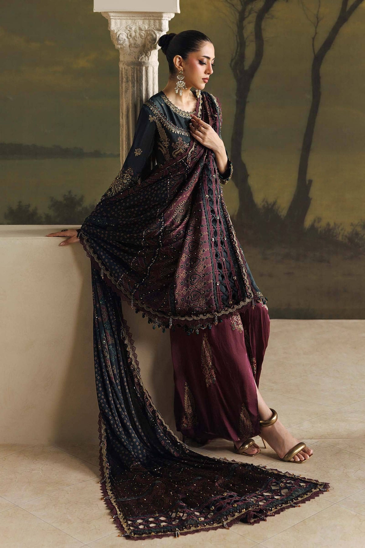 Maria B Soiree Luxury Formals 26/Tusser Silk Suit/Dark Green-imperial Burgundy