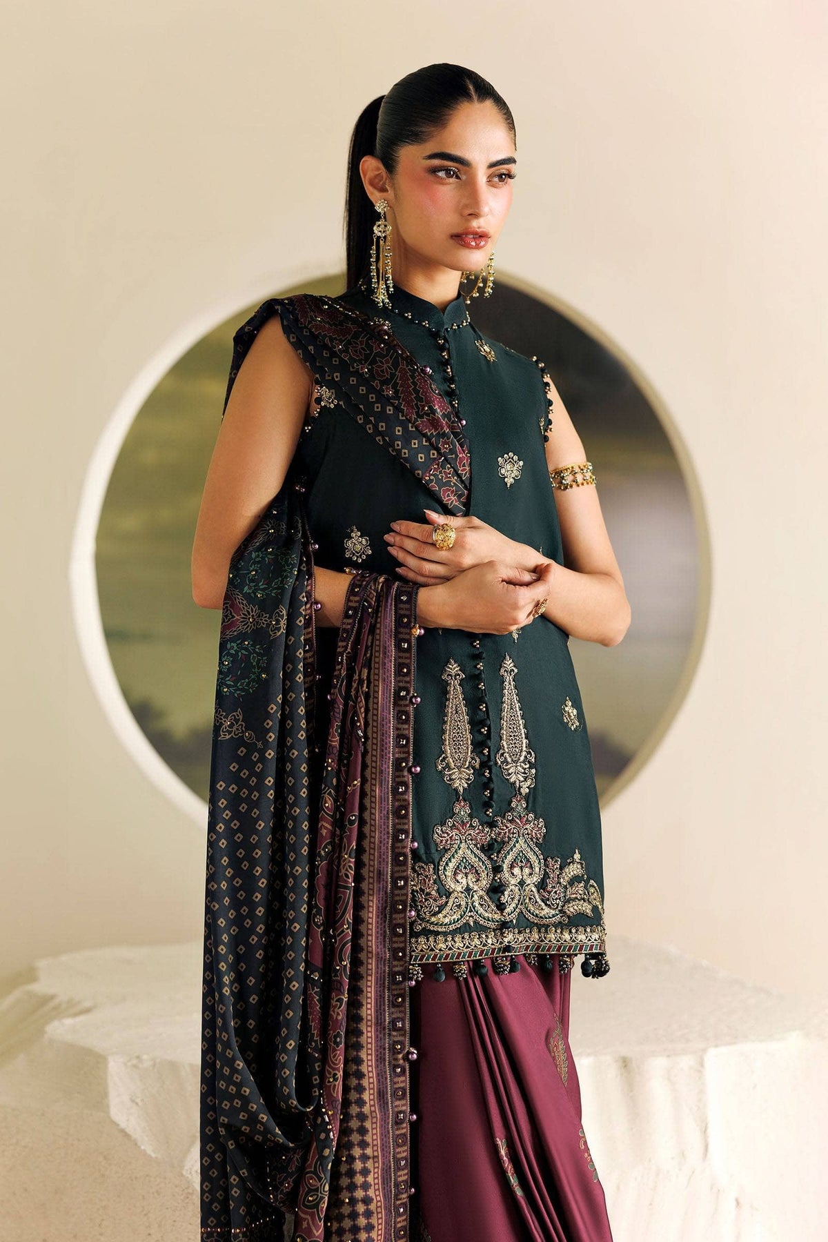 Maria B Soiree Luxury Formals 26/Tusser Silk Suit/Dark Green-imperial Burgundy