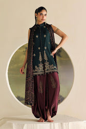 Maria B Soiree Luxury Formals 26/Tusser Silk Suit/Dark Green-imperial Burgundy
